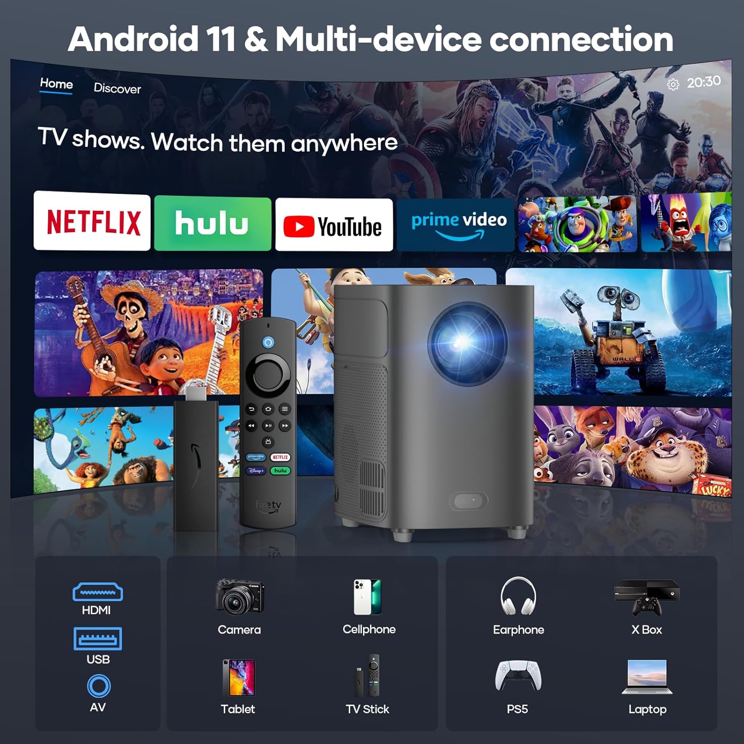 Projector 4K Supported, 17000LUX Auto Focus Android 11 Projector 300" Display, 5G WiFi with Bluetooth Projector, Dual Hi-Fi Speakers for Home Theater Compatible with HDMI/USB/AV etc. - Image 7
