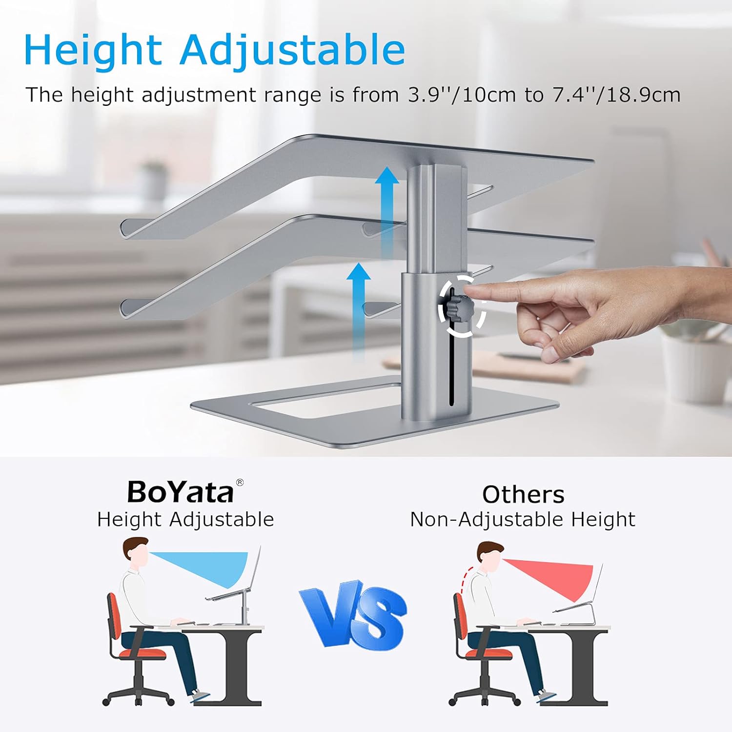 BoYata Laptop Stand, Ergonomic Aluminum Height Adjustable Computer Stand Laptop Holder for Desk, Compatible with MacBook Pro/Air, Dell, Lenovo, HP, Samsung, More Laptops 11-17" - Image 3