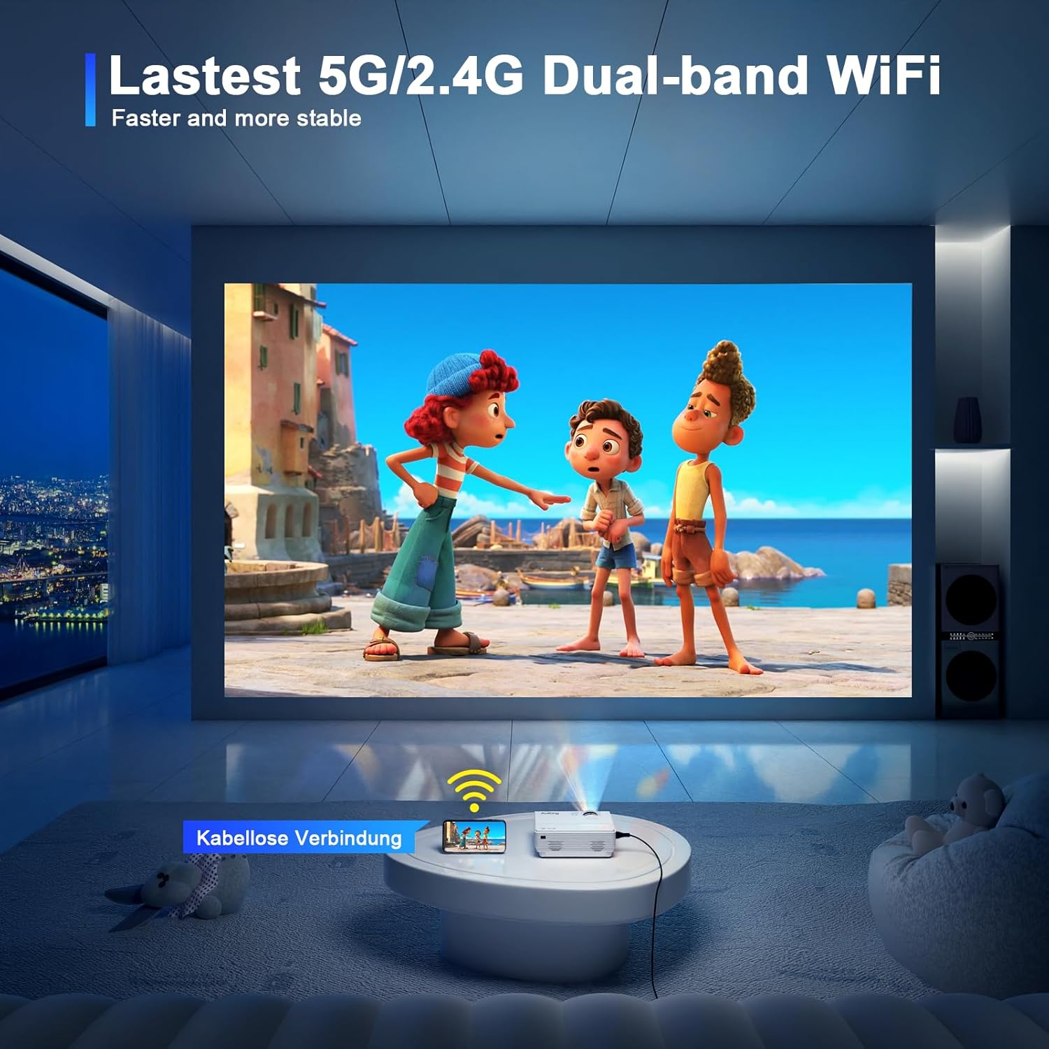 AuKing Mini Projector with WiFi and Bluetooth, 2025 Upgraded 1080P HD Projector, 200'' Portable Movie Projector, Compatible with HDMI/USB/VGA/AV/Smartphone/TV Box/Laptop(White) - Image 3