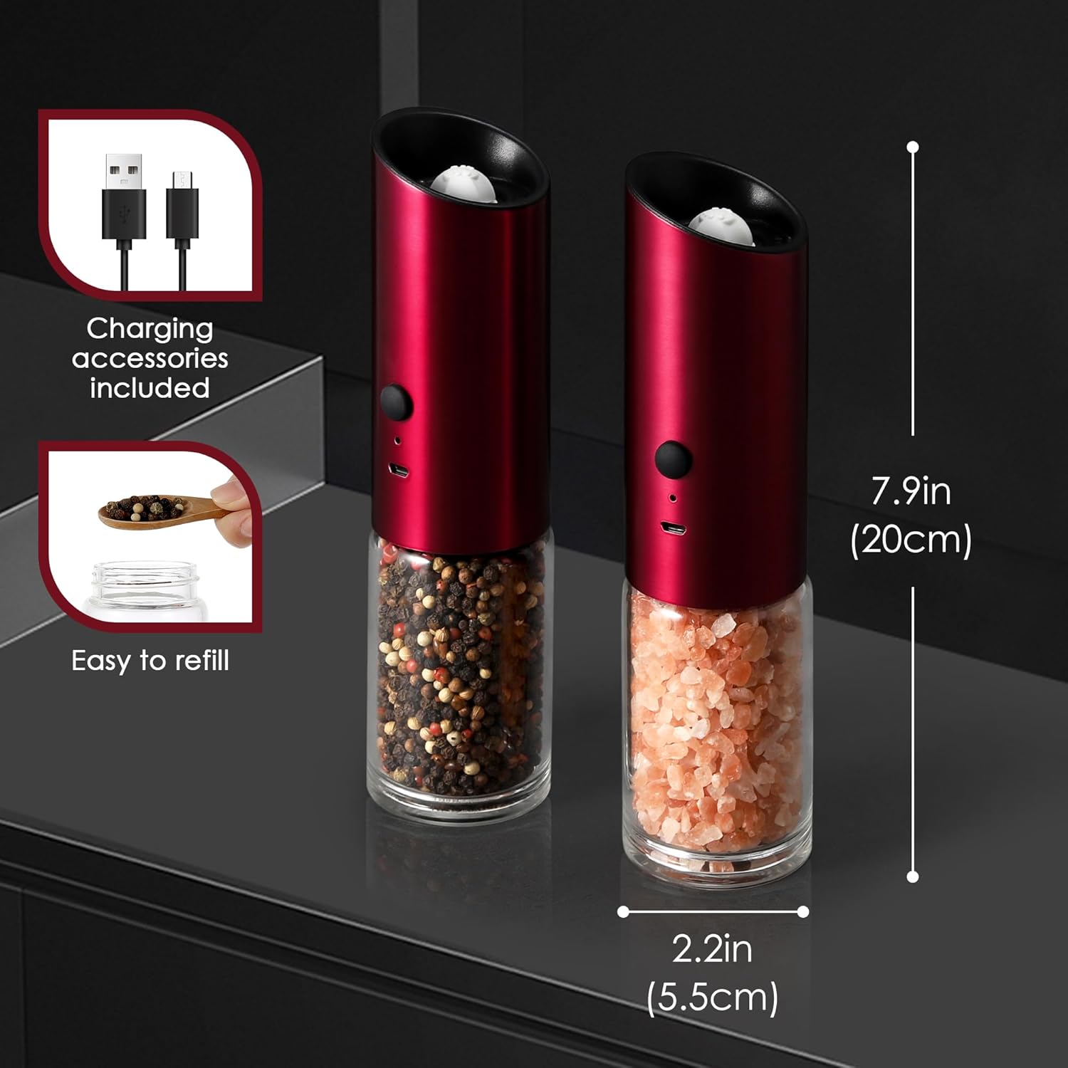 Vzaahu Gravity Electric Pepper and Salt Grinder Set of 2 - Rechargeable, Refillable, Adjustable Coarseness, Stainless Steel Seasalt Peppermill with LED light - One Hand Operation (Red) - Image 5