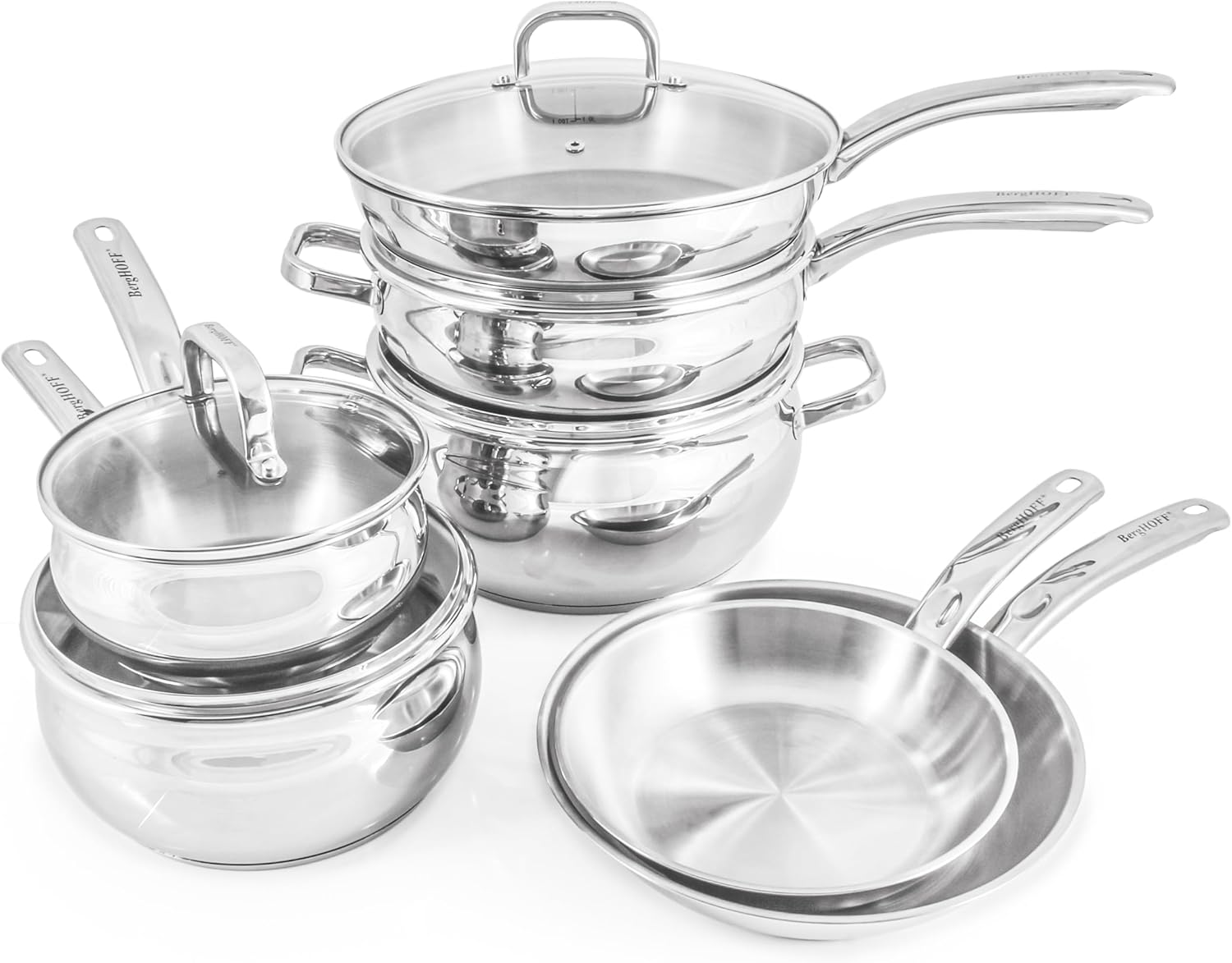 BergHOFF Belly Shape 18/10 Stainless Steel 12Pc Cookware Set, Glass Lids, Fast, Evenly Heat, Induction Cooktop Ready - Image 6