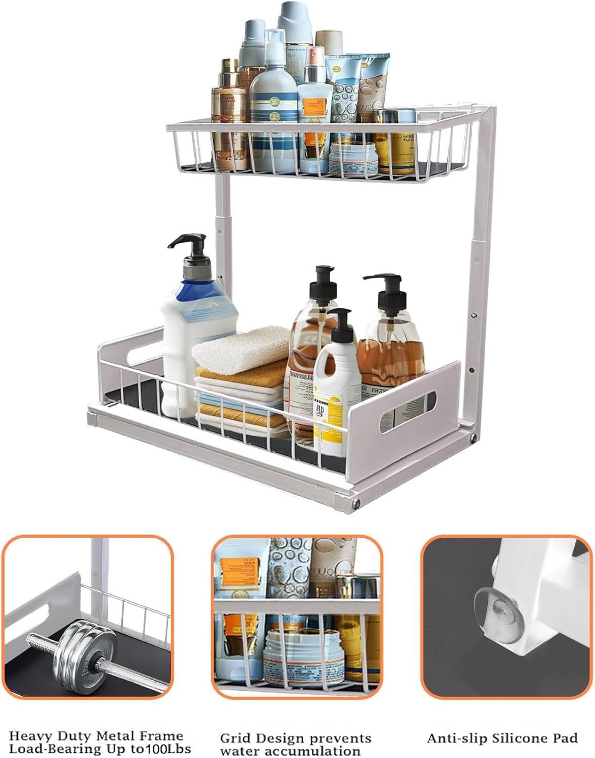 Under Sink Organizer & Storage - Height Adjustable Pull Out 2 Tier Slide Out Sink Shelf Cabinet Shelves, Kitchen, Bathroom & Pantry - Image 7