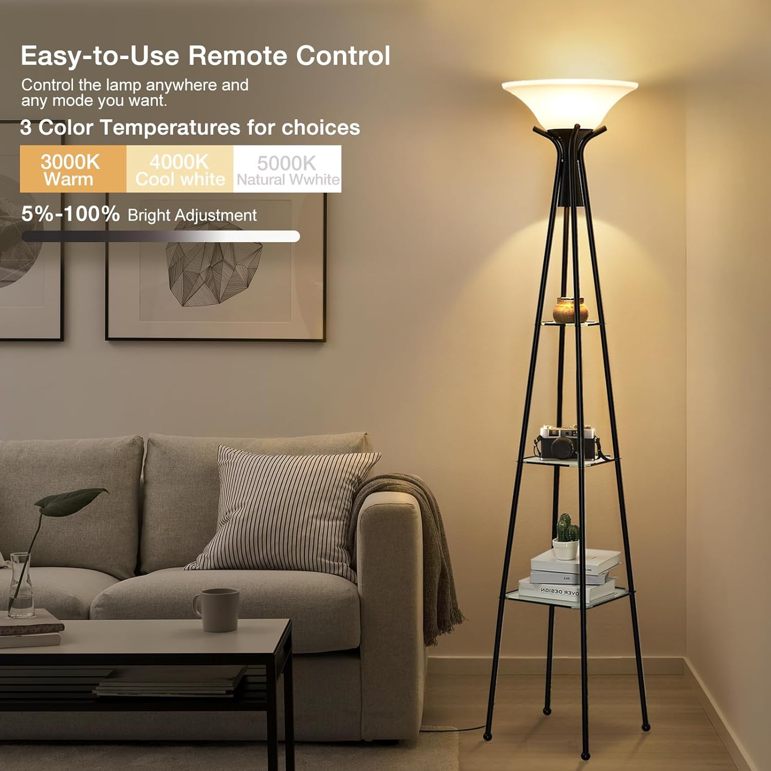 Floor Lamp with Shelves, 69” Tall Shelf Lamp with Remote Control, 3-Tier Glass Shelf Lamp, Dimmable Industrial Floor Lamps for Living Room, Bedroom, Home Office, 3 Color Temperatures Bulbs Included - Image 3