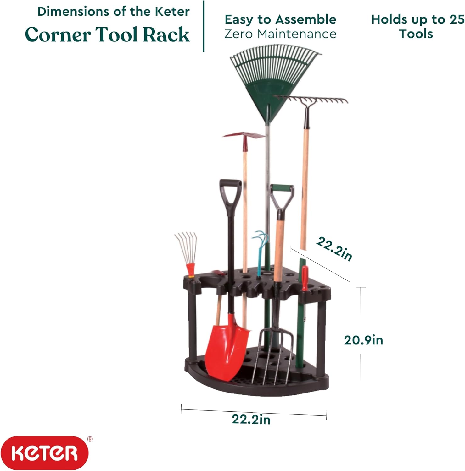 Keter Compact Corner Tool Rack for Maximum Storage and Organization - Easy to Assemble and Organize 25 Long-Handled Garden Tools, Rakes, Brooms, Shovels and Accessories - Image 3