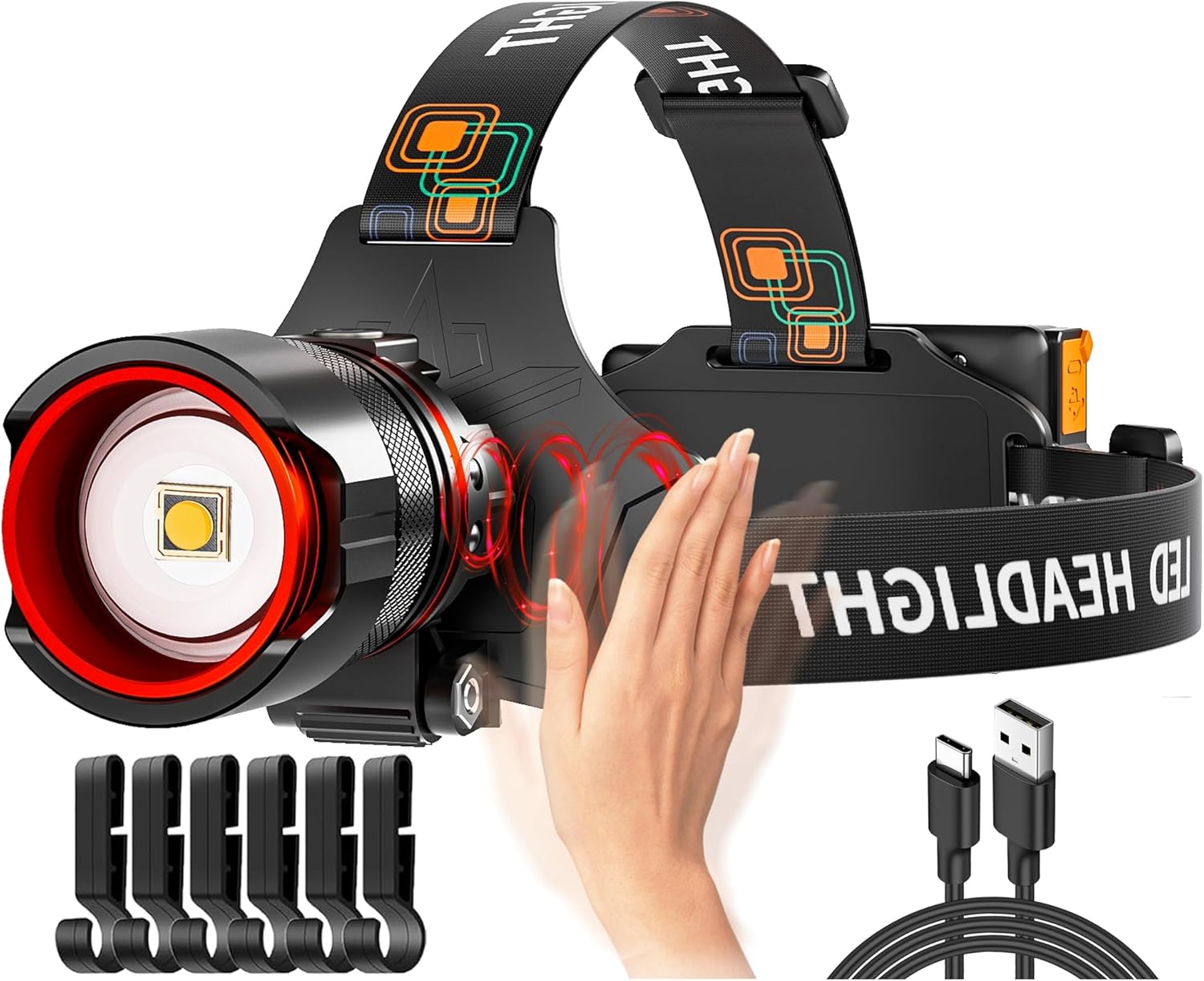 Rechargeable LED Headlamps, 990000LM Bright Headlamp with Motion Sensor & Zoomable, 5 Modes, IPX7 Waterproof Headlight for Forehead, 125° Adjustable & Brightest Head Lamp for Adults, Camping, Hardhat - Image 2