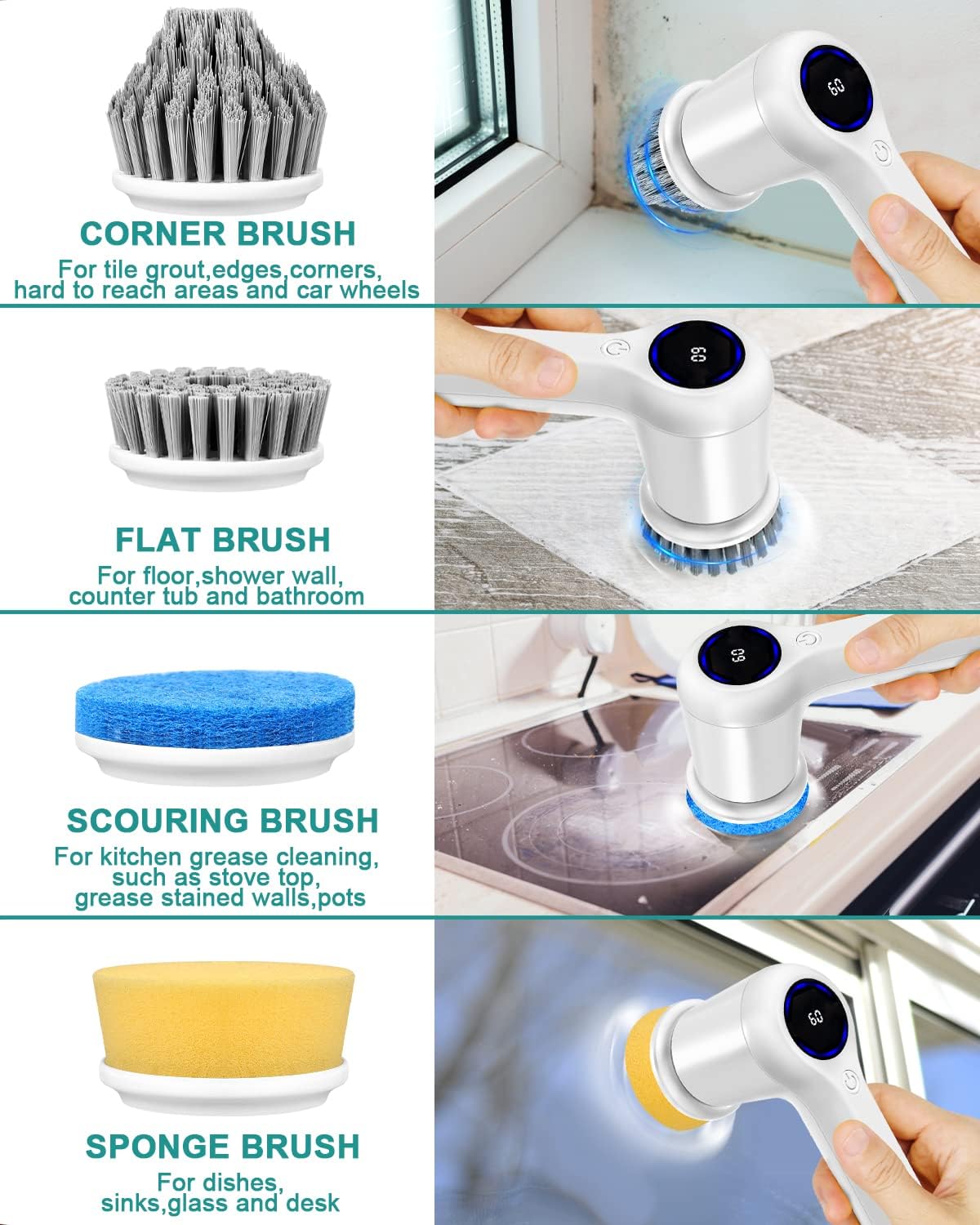 Electric Spin Scrubber,GRUTTI Power Scrubber Cordless Electric Shower Scrubber with Digital Display and 5 Replaceable Heads, 2 Adjustable Speeds,Cleaning Brush for Bathtub, Floor, Tile, Window - Image 6