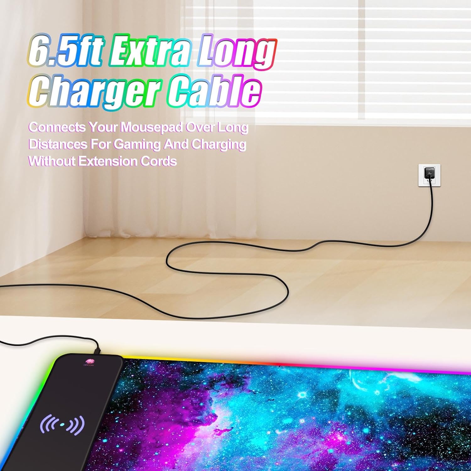 ToLuLu Wireless Charging RGB Gaming Mouse Pad, 15W LED Mouse Mat with 30W Charger, 14 Light Modes Large Mousepad with Wrist Support, Non-Slip Rubber Base Desk Mat Computer Keyboard Pad, Galaxy Nebula - Image 9