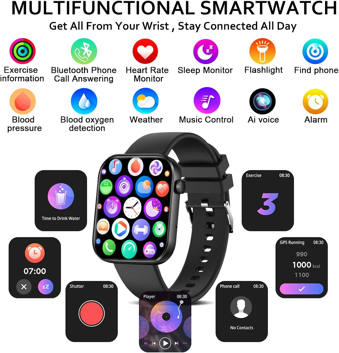 Smart Watch(Answer/Make Call), 1.96" Smart Watch for Men Women IP68 Waterproof, Smartwatch for Android iOS with 100+ Sport Modes, Fitness Tracker, Heart Rate Sleep Monitor, AI Voice - Image 7