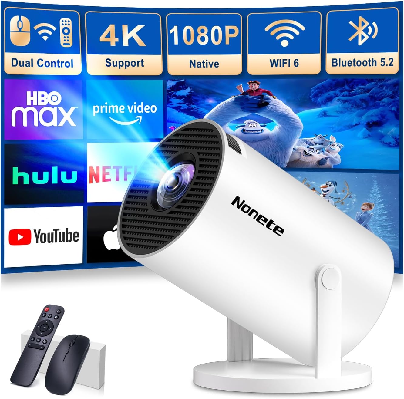 Mini Projector 1080P, 4K Projector Full HD with WIFI 6 and Bluetooth 5.2, Support 180° Rotatable Portable Projector with Auto Keystone Correction, Built-in App Compatible with Phone/HDMI/USB-White - Image 2