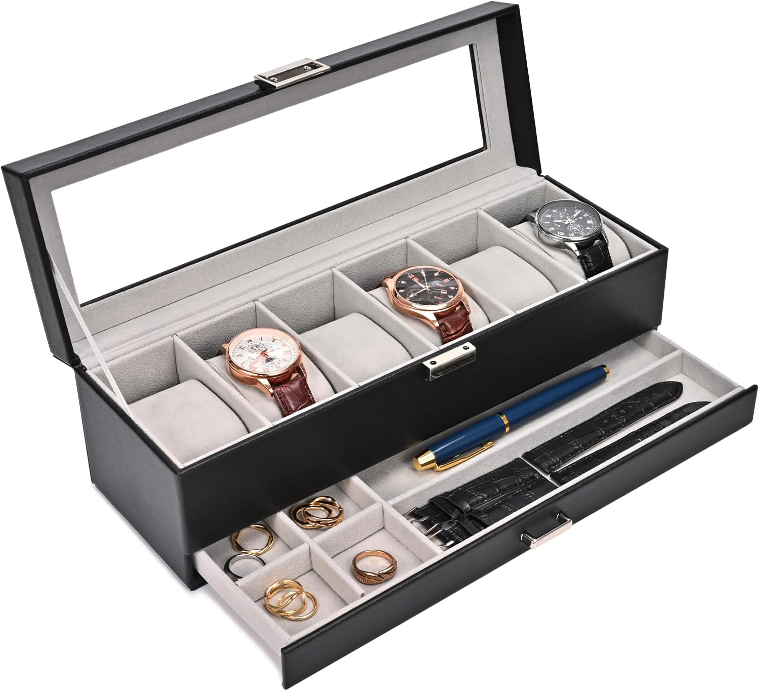 ProCase Watch Box for Men, 6 Slot Watch Display Case with Drawer, Mens Watch Case With Glass Lid, 2-Layer Jewelry and Watch Storage Watch Holder Organizer for Men Women -6 Slot, Black - Image 2