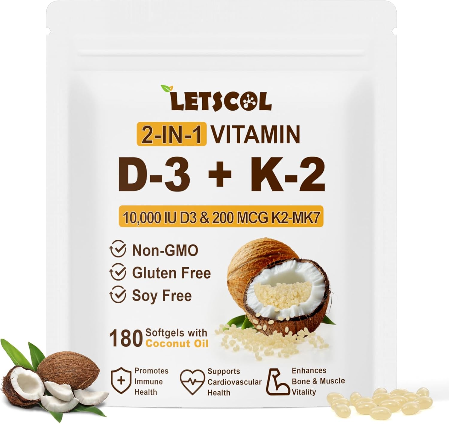 2-in-1 Vitamin D3 K2 Supplement Softgel, Vitamin D3 10000 IU and Vitamin K2 200 mcg, K2 MK7 with D3 Vitamin Supplement Support Immune, Heart, Joint, Teeth & Bone Health - Image 2