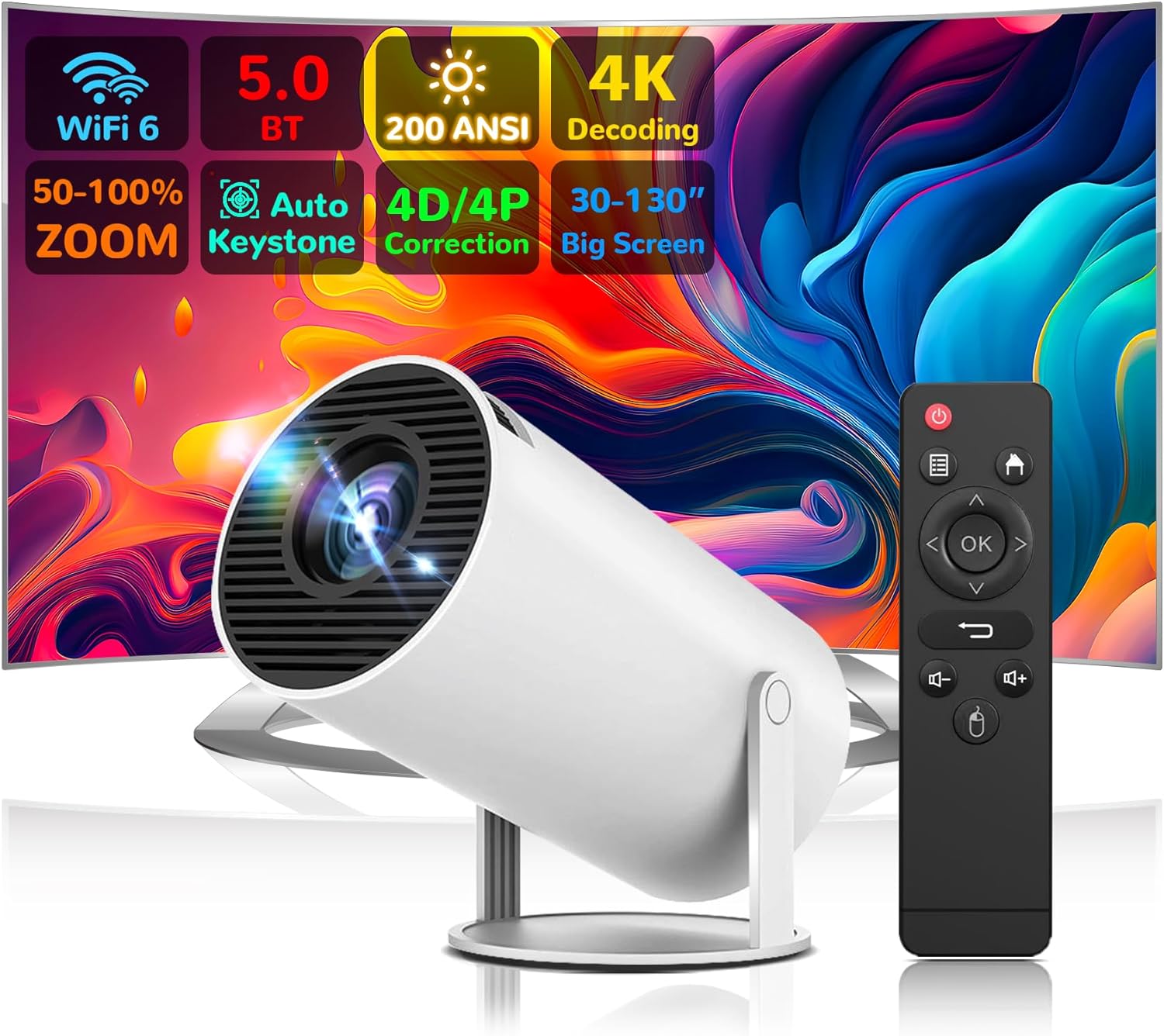 1080P Mini Projector HY300 Pro 4K Portable Projector with WiFi 6 Bluetooth 5.0 Auto Keystone Correction 200 ANSI Smart Projector Screen Adjustment,270 Degree Flip Home Theater Projector - Image 2