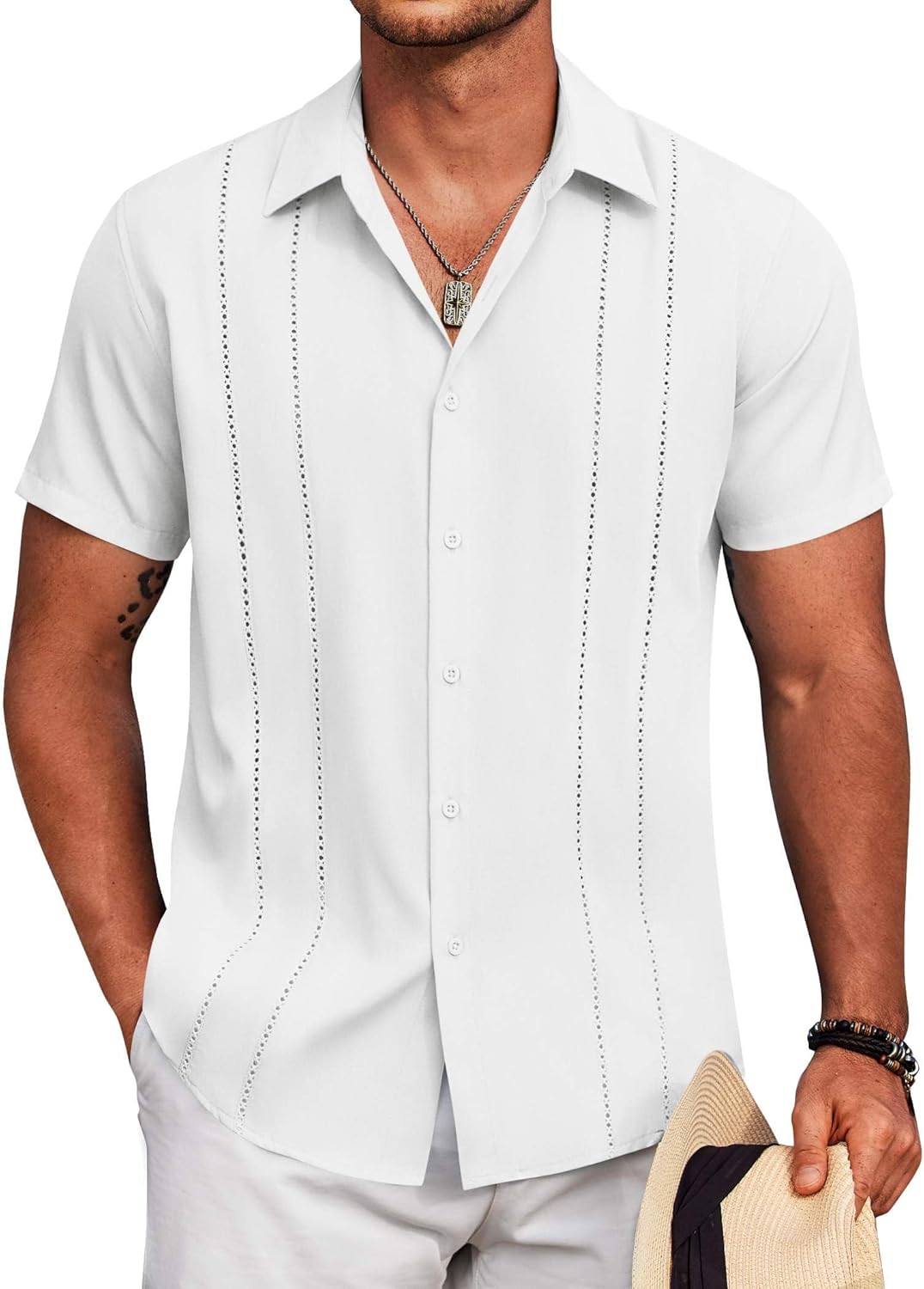 COOFANDY Mens Cuban Guayabera Shirt Short Sleeve Button Down Shirts Summer Beach Vacation Shirts - Image 2