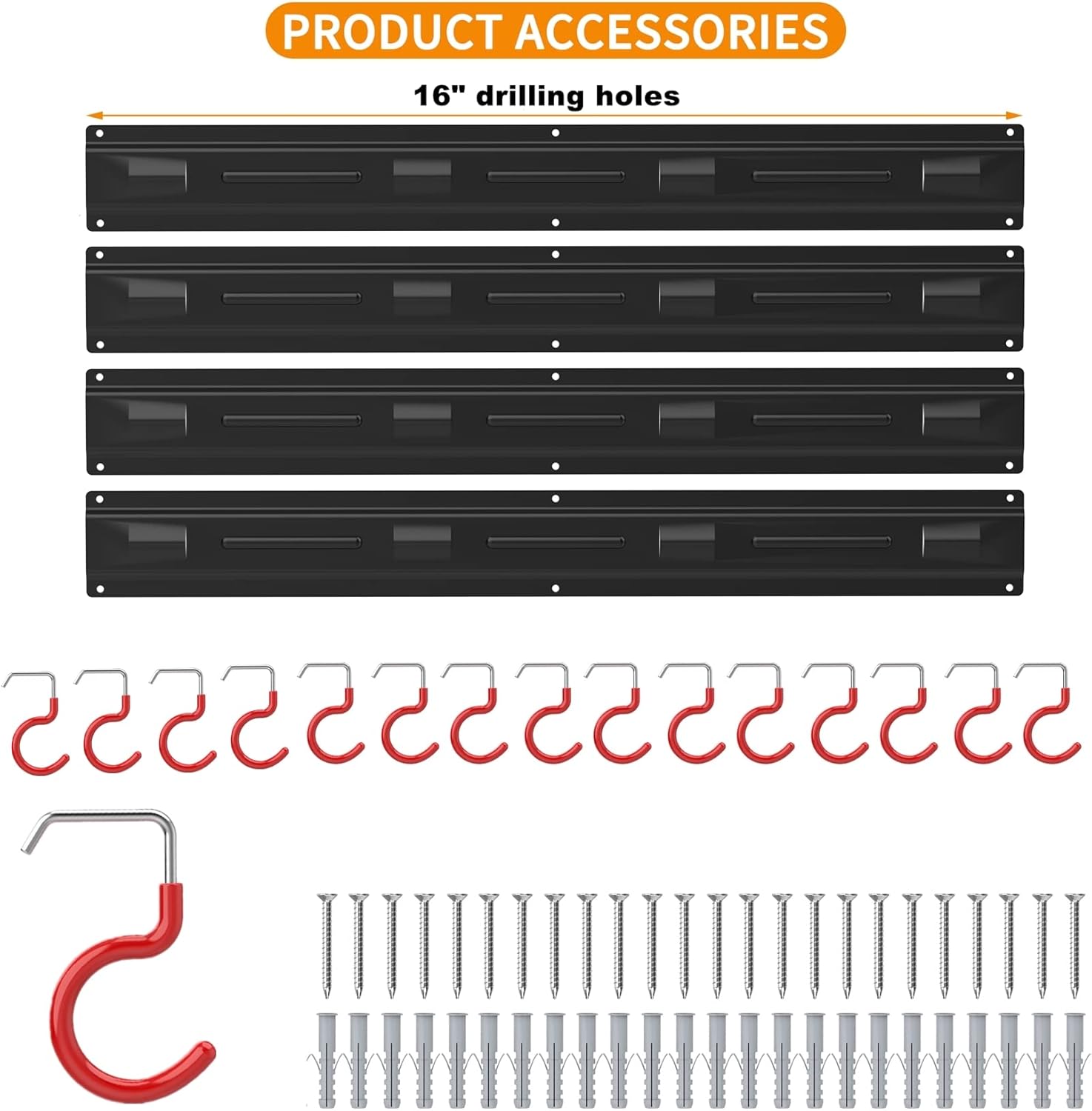 All Metal 64 Inch Wall Mount Garden Tool Organizer for Garage, Mop and Broom Holder, Yard Tool Storage Rack for Rake, Shovel, Spade, Mop, Broom(4 Rails, 16 Hooks) - Image 4
