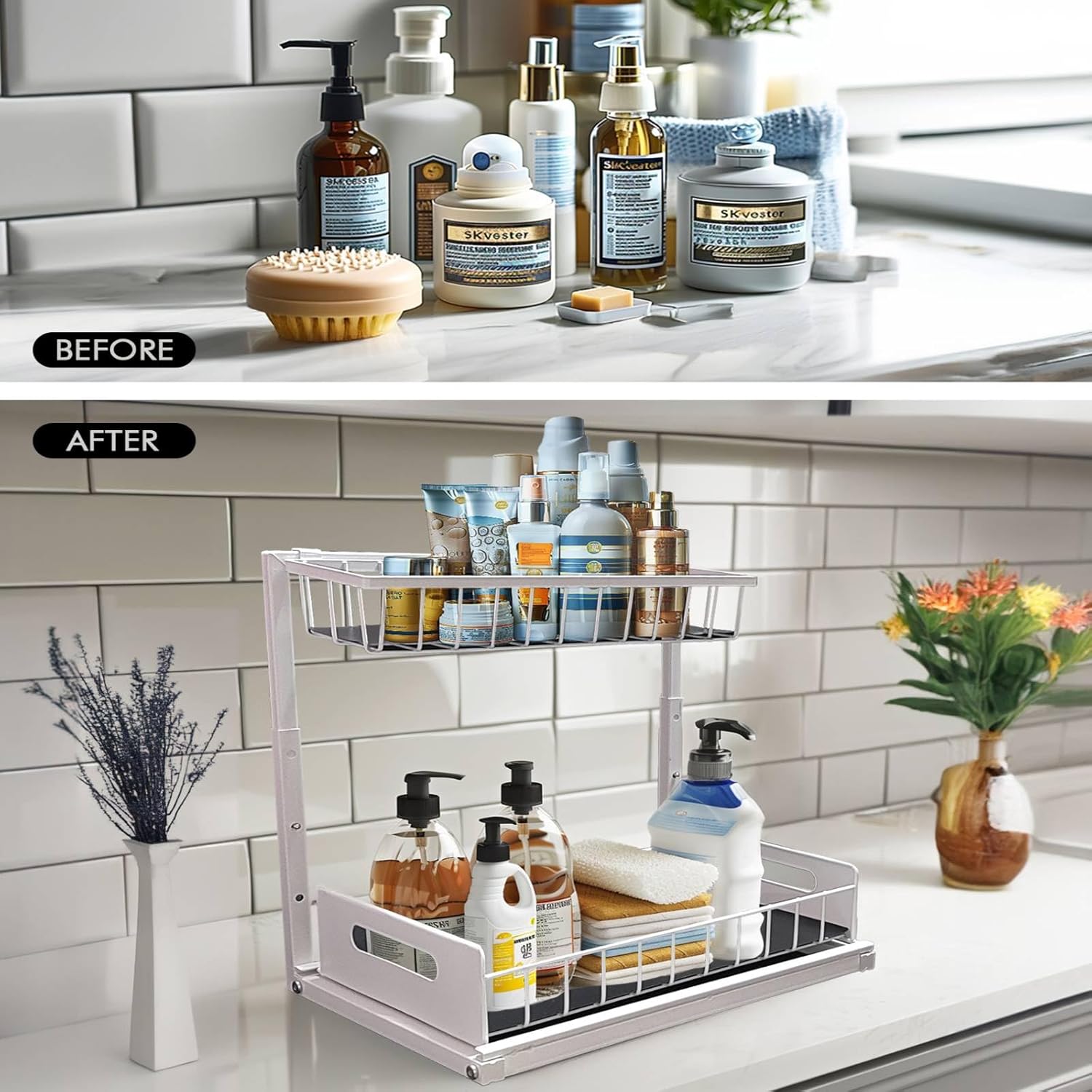 Under Sink Organizer & Storage - Height Adjustable Pull Out 2 Tier Slide Out Sink Shelf Cabinet Shelves, Kitchen, Bathroom & Pantry - Image 4