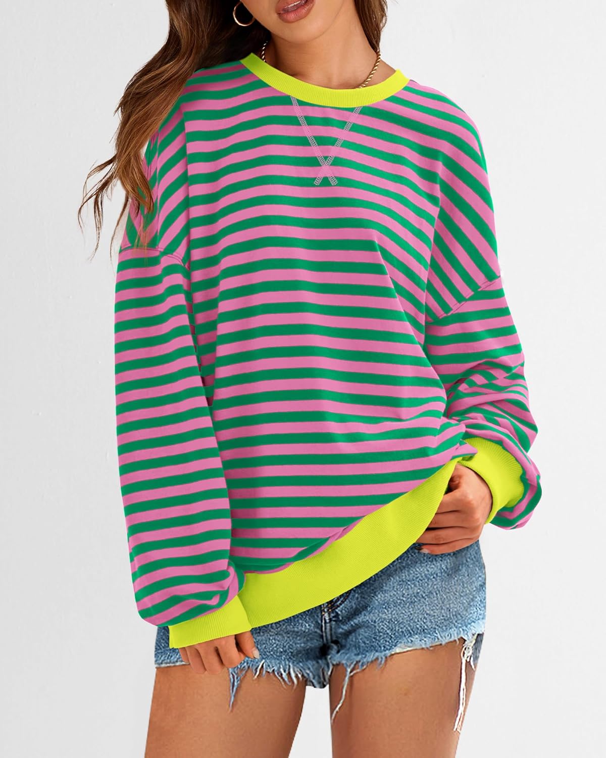 BTFBM Womens Striped Pullover Tops Fall Clothes 2025 Long Sleeve Shirts Trendy Soft Crew Neck Loose Y2K Sweatshirts - Image 5
