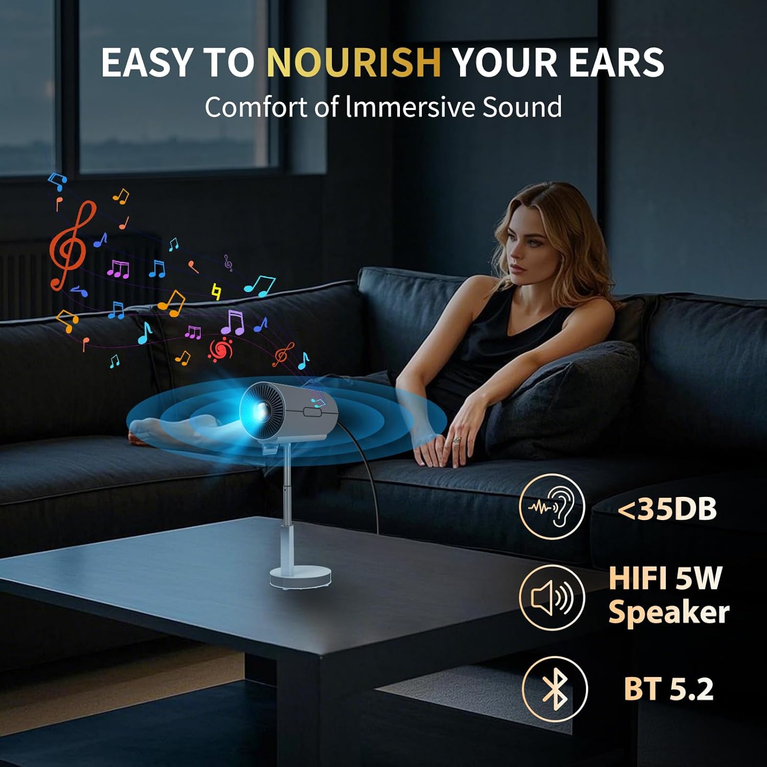 【Built in Apps&15" Foldable Stand】Portable Mini Projector with WiFi and Bluetooth, 1080P 500 ANSI Smart Projector 4K with Electric Focus & 5W Speaker, Home theater Projector with 200'' Display+zoom - Image 4