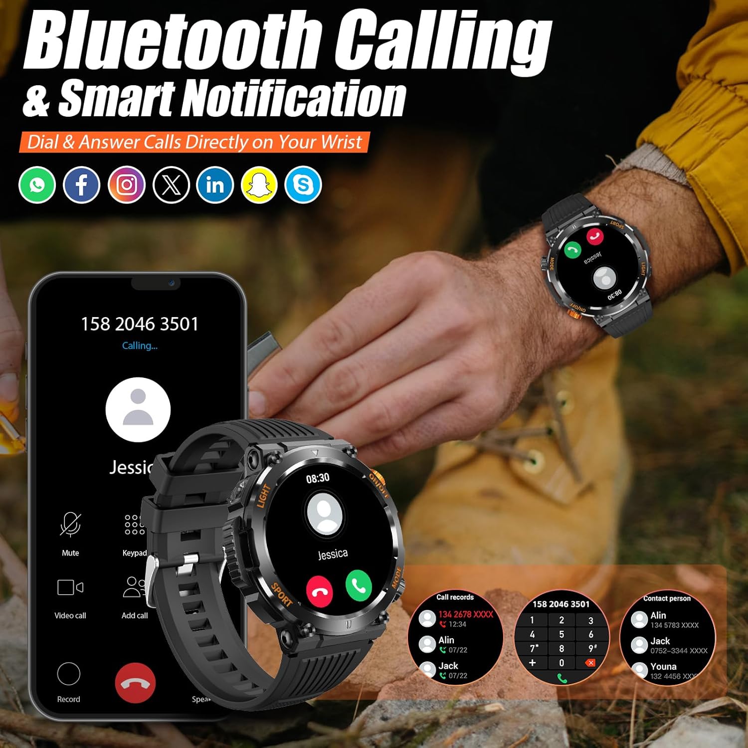 Military Smart Watches for Men (Answer/Make Call) with Flashlight, 450mAh Battery Fitness Tracker with Multiple Sport Modes, Waterproof Smartwatch with Heart Rate/Sleep Monitor - Image 3