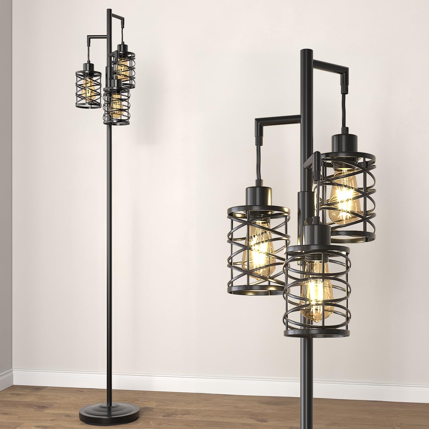 Oneach 68" Industrial Standing Floor Lamp, Stepless Dim Light with 3 Bulbs, Farmhouse & Corner Design, Tall Lamp for Home and Office, Black - Image 9