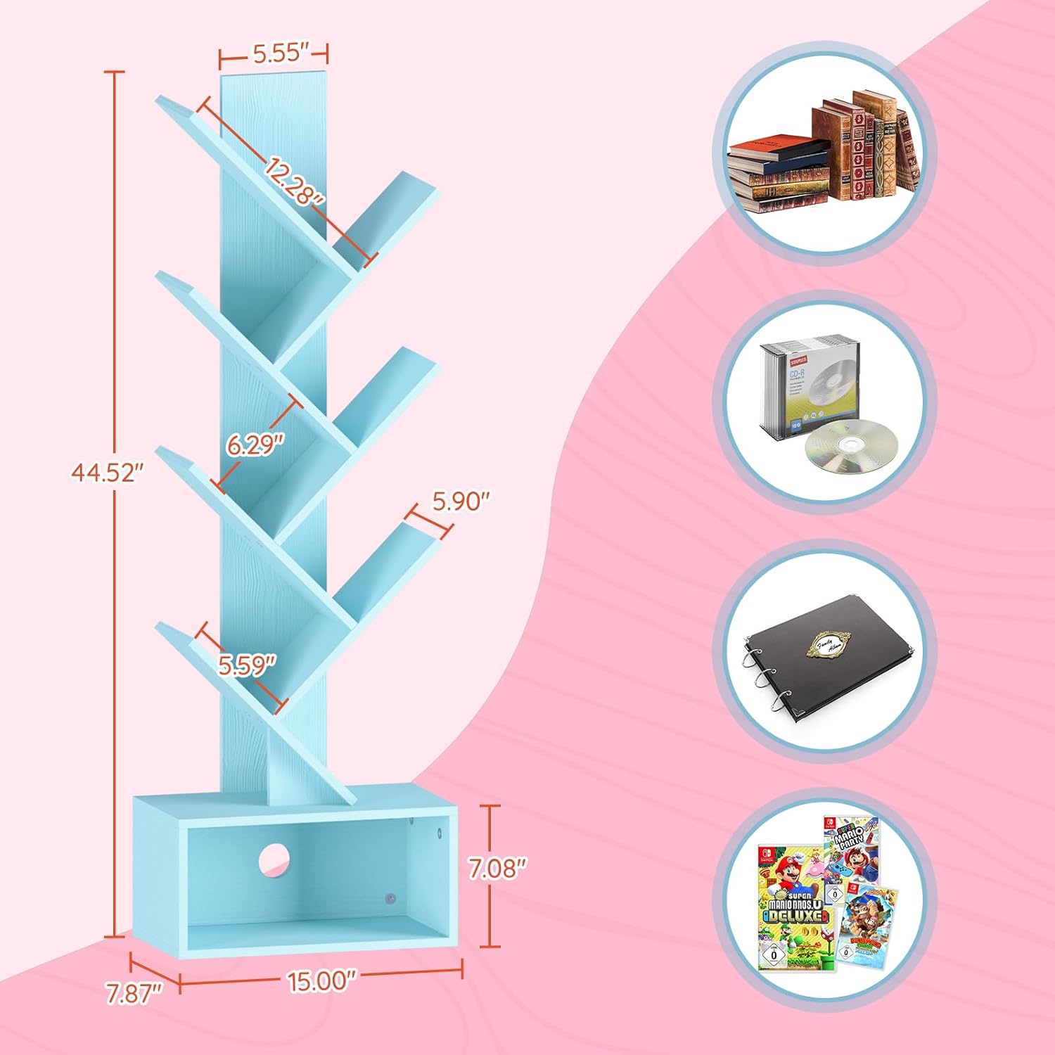 Yoobure Tree Bookshelf - 6 Shelf, White Night Stand with Charging Station - Image 3