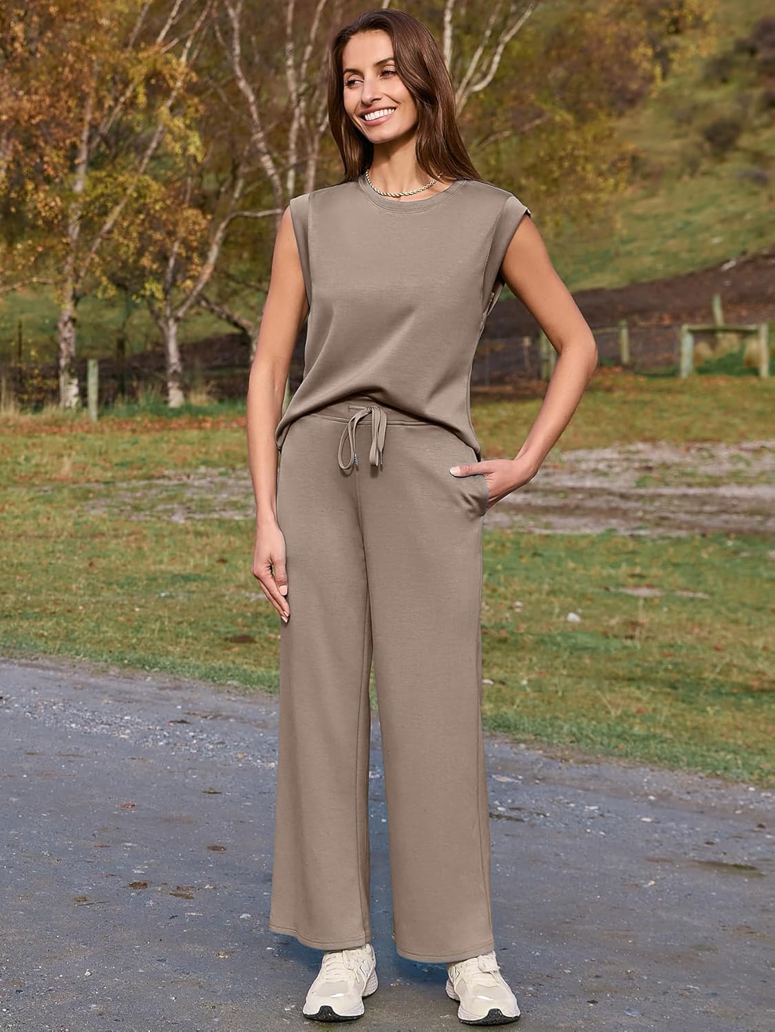Glamaker Women's 2 Piece Sets Summer Lounge Travel Outfits Sleeveless Wide Leg Airport Casual Trendy Sweatsuits - Image 5