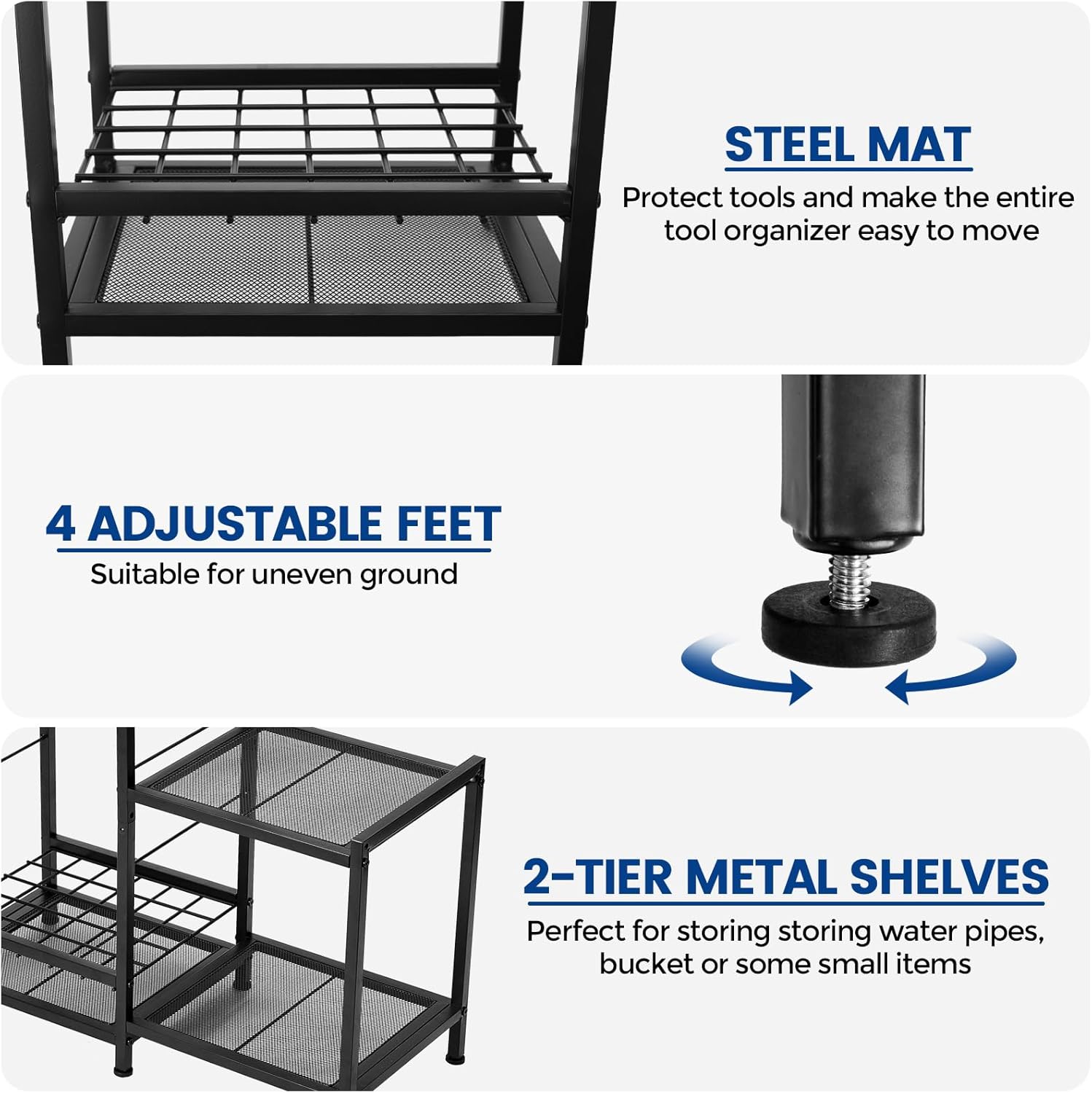 Garden Tool Organizer with 2-Tier Steel Shelves, Holds 50 Long-Handled Tools/Rakes/Brooms/Shovles for Garage Organization and Storage, Shed, Outdoor, Lawn, Heavy-Duty Steel, Black, Easy Assembly - Image 5