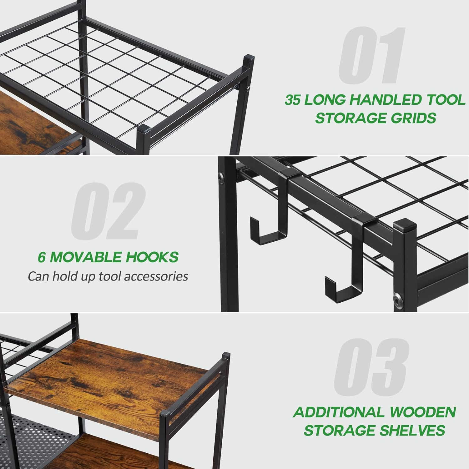 Garage Tool Organizer with 2-tier Wooden Shelves, Yard Tool Organizer for Garage with 6 Hooks, Heavy duty Steel Garden Tool Rack Holds up to 35 Long Handled Yard tools for Storage, Black - Image 4