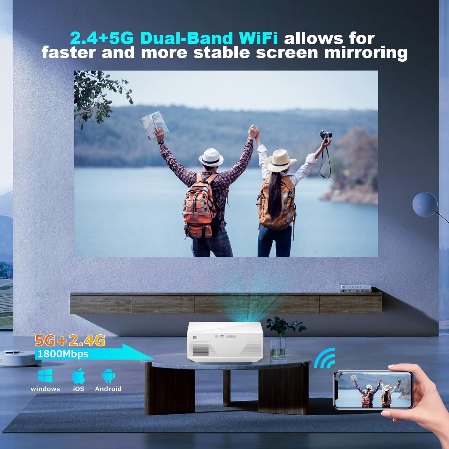 Projector with WiFi and Bluetooth, 16000Lumens Portable Mini Projector,Native Full HD 1080P Outdoor Movie Projector,Smart Projector Compatible with Android/iOS/Windows/HDMI/USB - Image 3