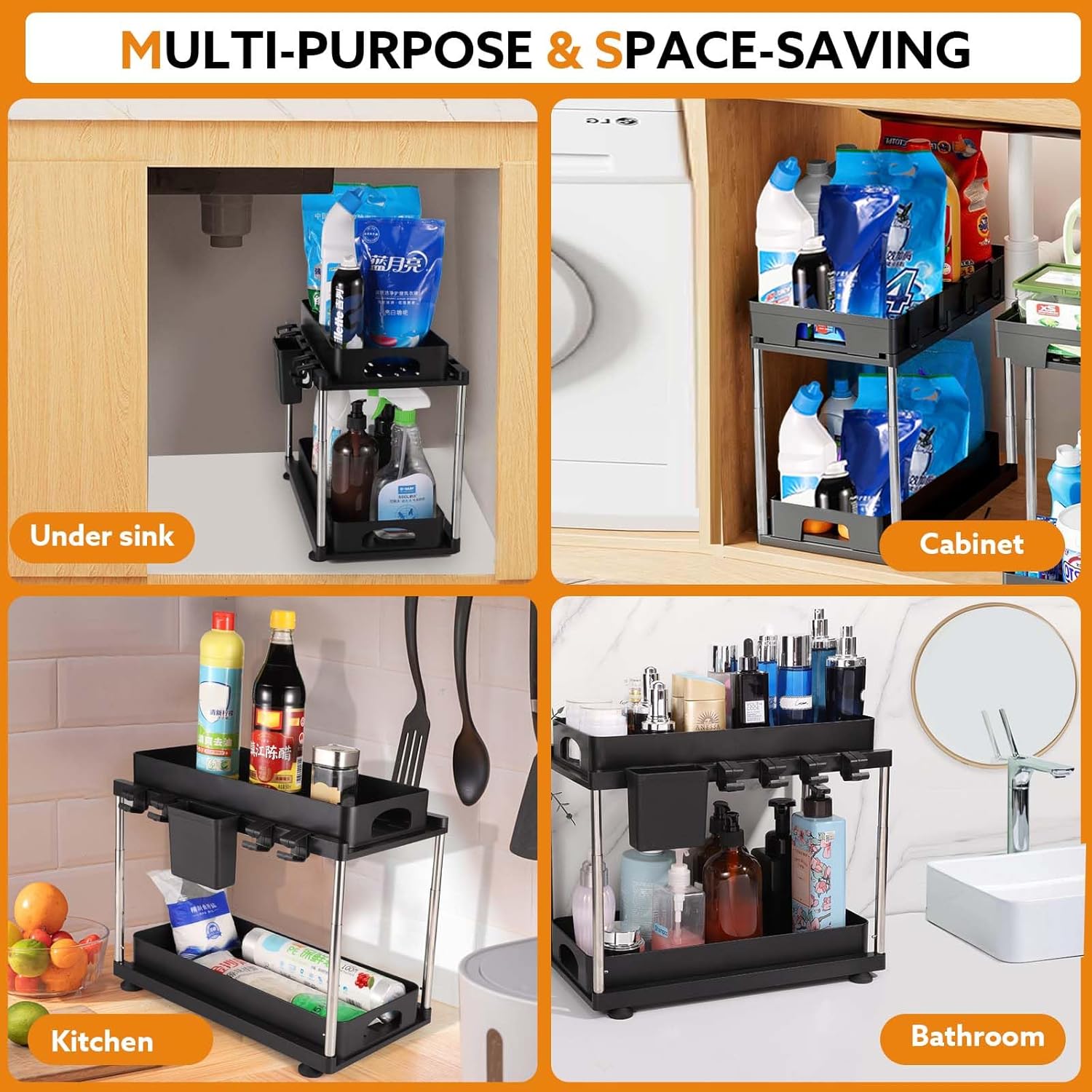 Under Sink Organizers and Storage, 2 Tier Double Sliding Bathroom Organizers and Storage with Dividers,Hooks Under Sliding Cabinet Organizer Kitchen Sink Organizer for Kitchen Bathroom - Image 8