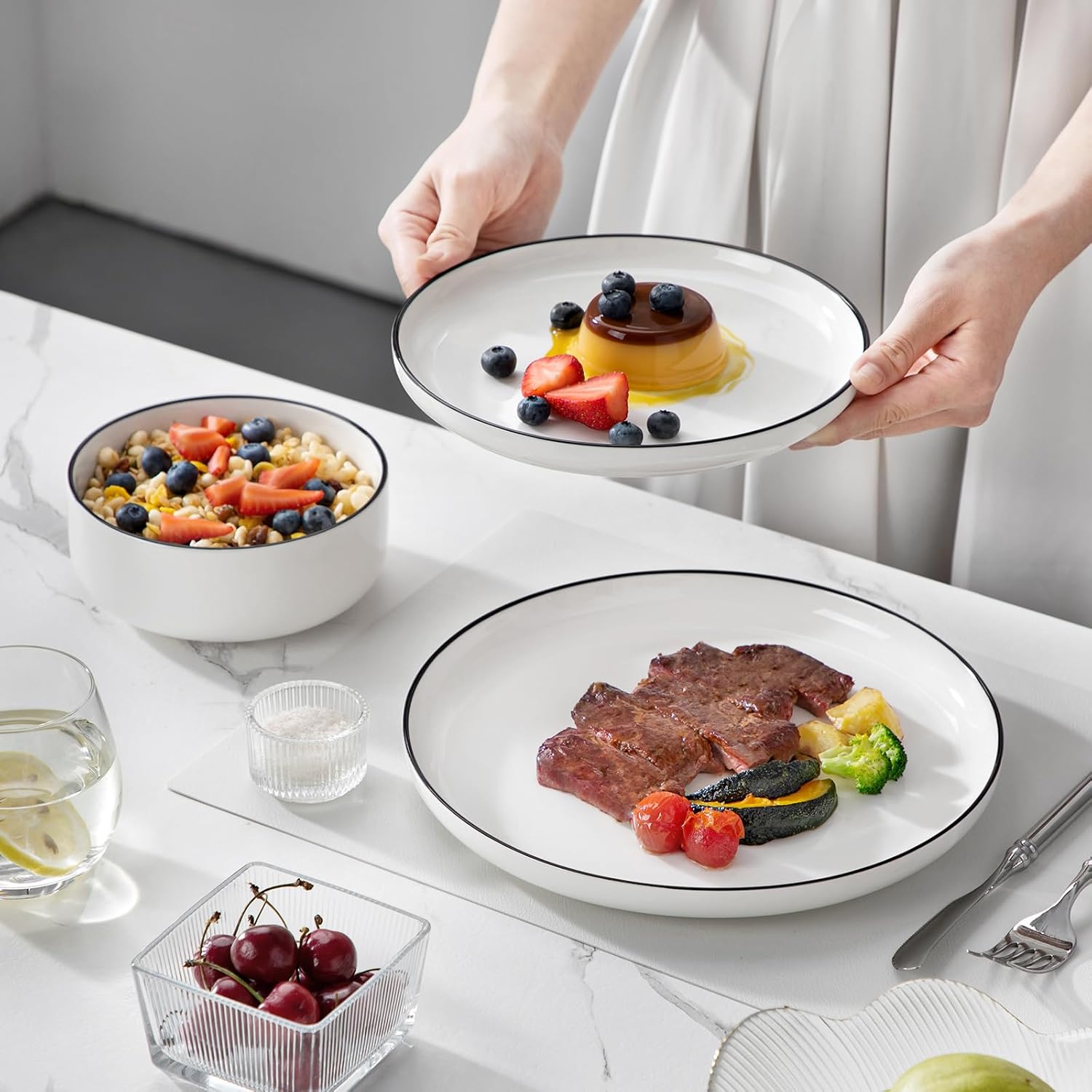 MALACASA Plates and Bowls Sets, 12 Pieces Modern Porcelain Dinnerware Set for 4 White Kitchen Dinner Dining Ware Set wtih Black Rim Ceramic Dishware Dishes Microwave and Dishwasher Safe, Series LUNA - Image 7