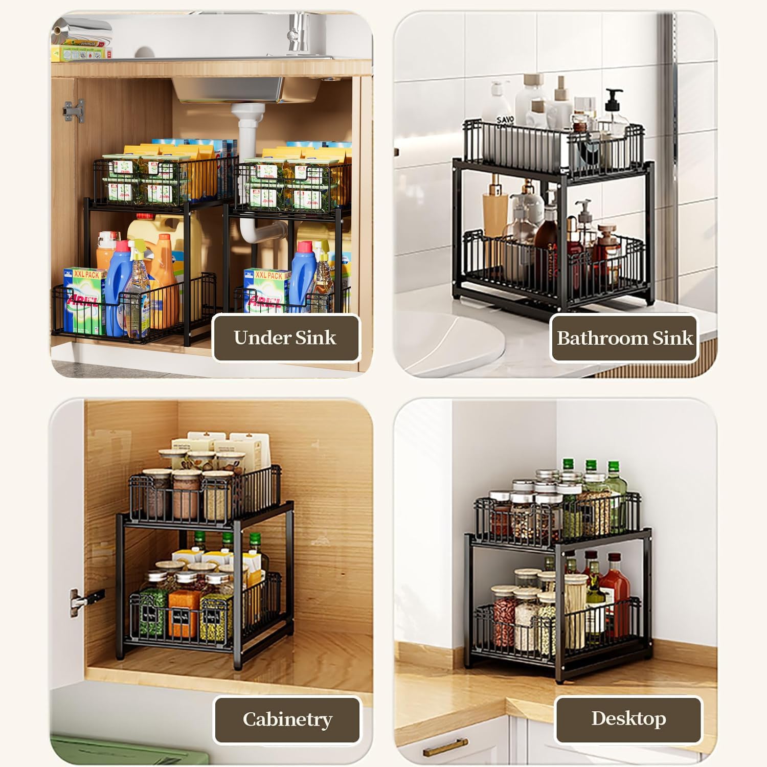 Under Sink Organizer, 2-Tier Pull Out Cabinet Organizer, Kitchen Bathroom Organizer and Storage, Spice Rack for Kitchen, Multi-use Sliding Drawers Shelves (1 Pack) - Image 7