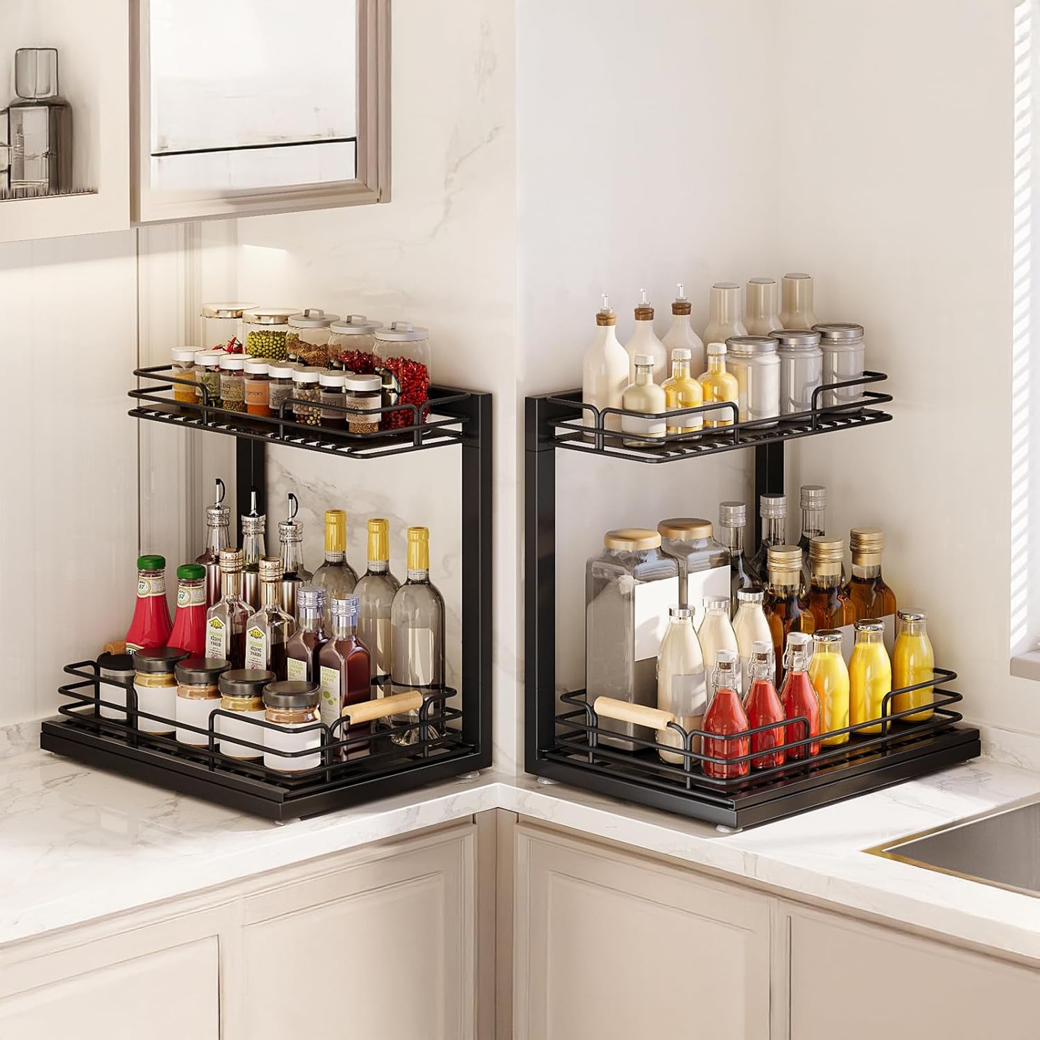 Under Sink Organizer, 2 Tier Under Sink Organizers and Storage, Under Sink Storage Shelves Metal Sliding Drawer for Kitchen Pantry Cabinet Closet, Black 2 Pack - Image 5