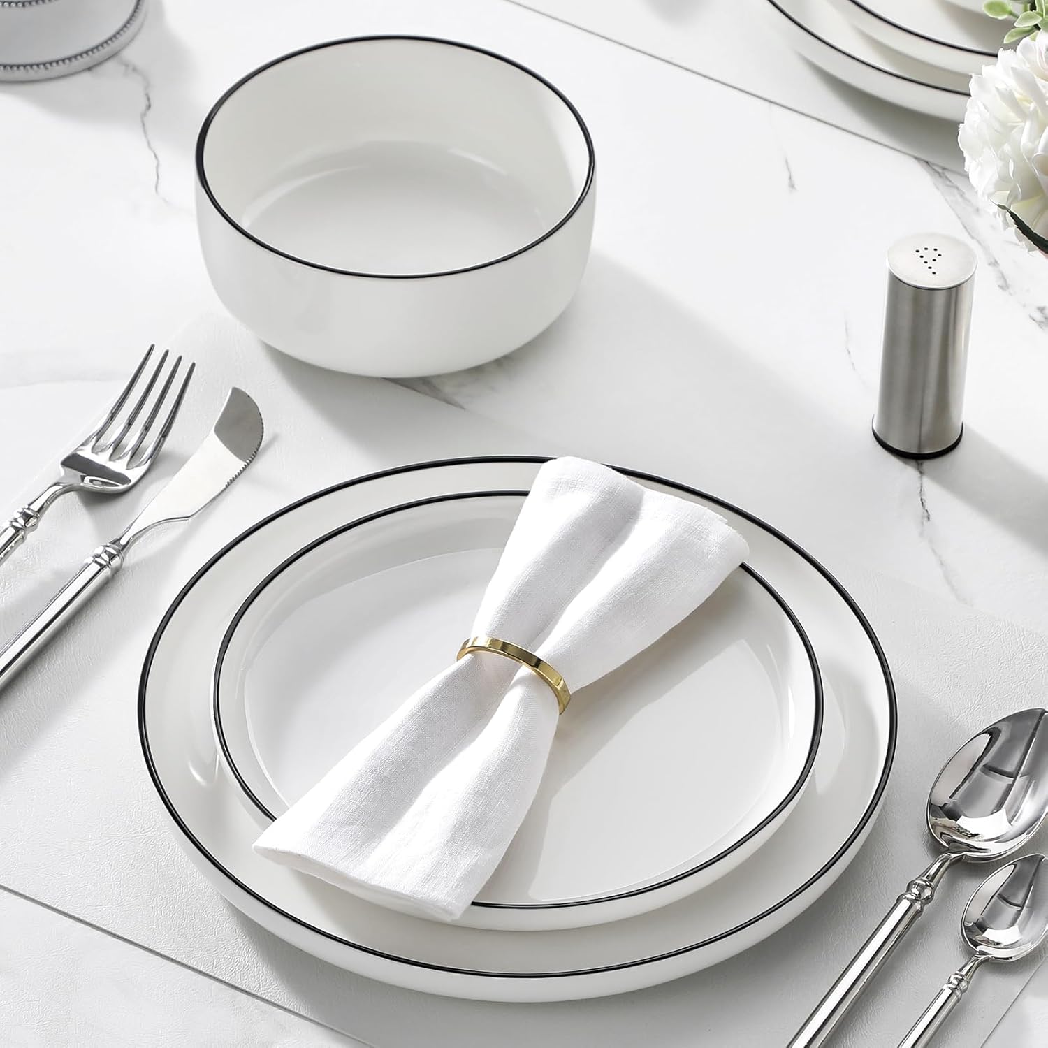 MALACASA Plates and Bowls Sets, 12 Pieces Modern Porcelain Dinnerware Set for 4 White Kitchen Dinner Dining Ware Set wtih Black Rim Ceramic Dishware Dishes Microwave and Dishwasher Safe, Series LUNA - Image 8