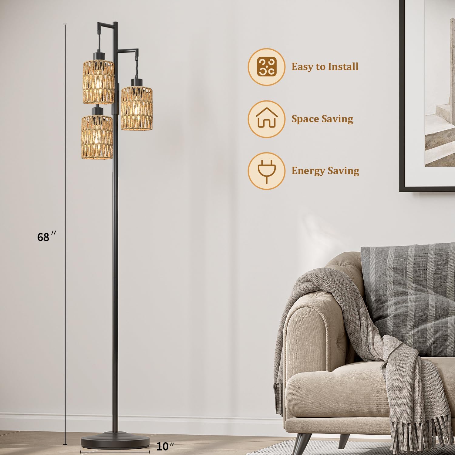 Oneach 68" Floor Lamps for Living Room, Stepless Dimmable Boho Floor Lamp with 3 Bulbs, Tall Farmhouse Industrial Corner Standing Tree Lamp for Bedroom, Office, Study Room, Dining Room, Black - Image 4