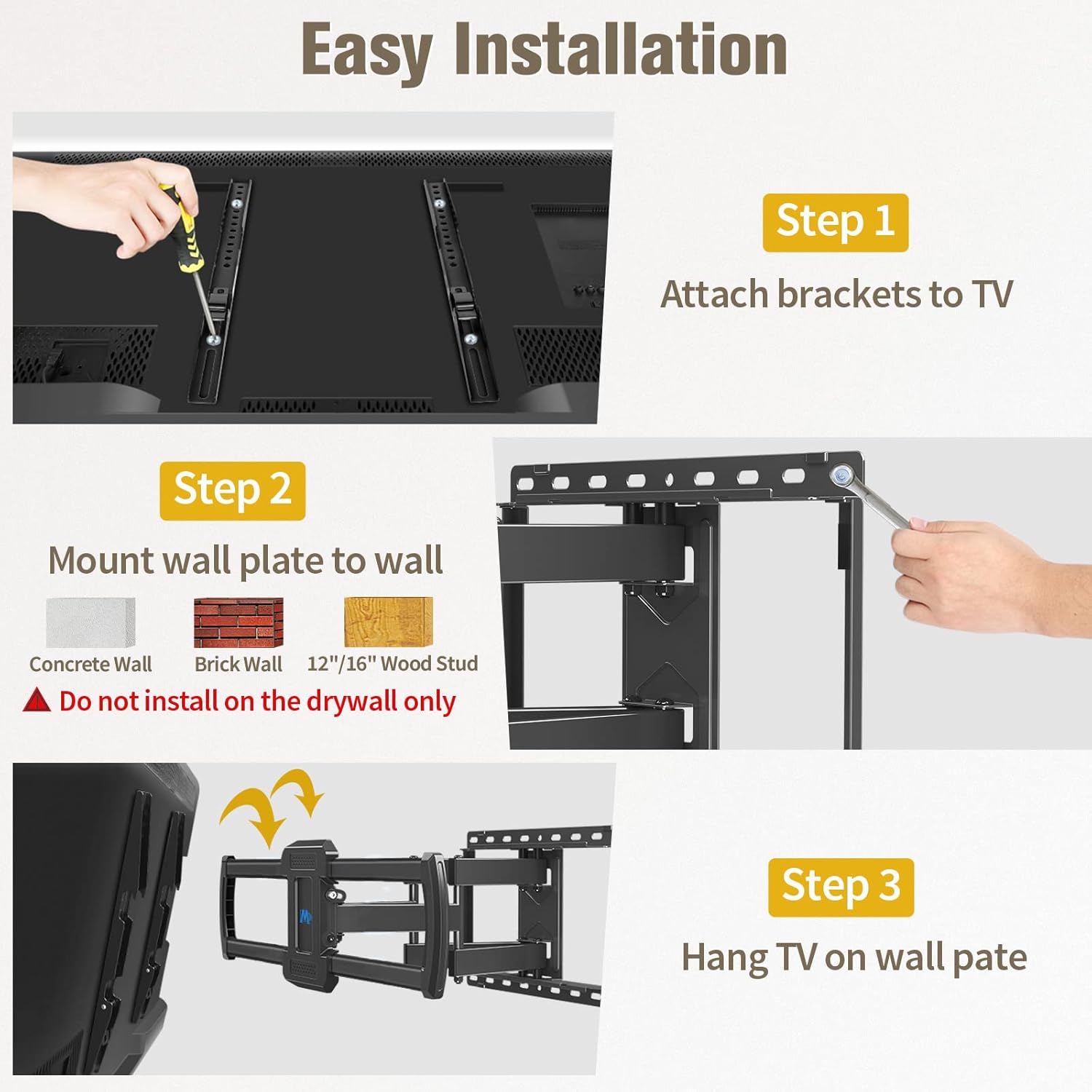 Mounting Dream TV Wall Mount, UL Listed Full Motion Mount Bracket for 42-84 Inch Flat Screen TVs, Swivel Articulating Dual Arms, Max VESA 600x400mm, 100 LBS Loading, Fits 16 Inches Wood Studs, MD2296 - Image 10