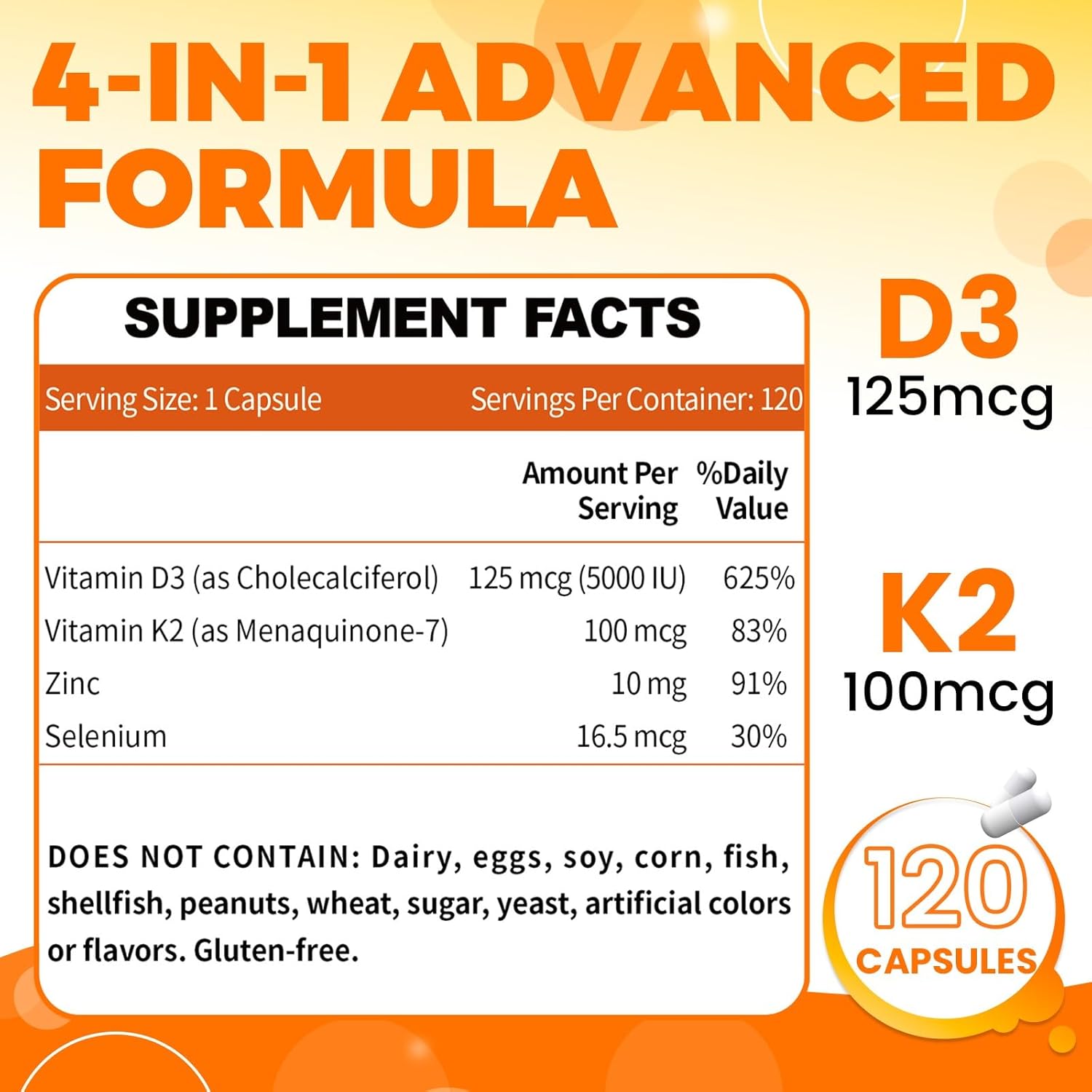 ZEBORA Vitamin D3 K2 with Zinc and Selenium - 5000 IU of Vitamin D3, 100 Mcg MK7 Vitamin K2 for Maximum Absorption, Supports Bones, Teeth & Immune Healt, 120 Capsules - Image 3
