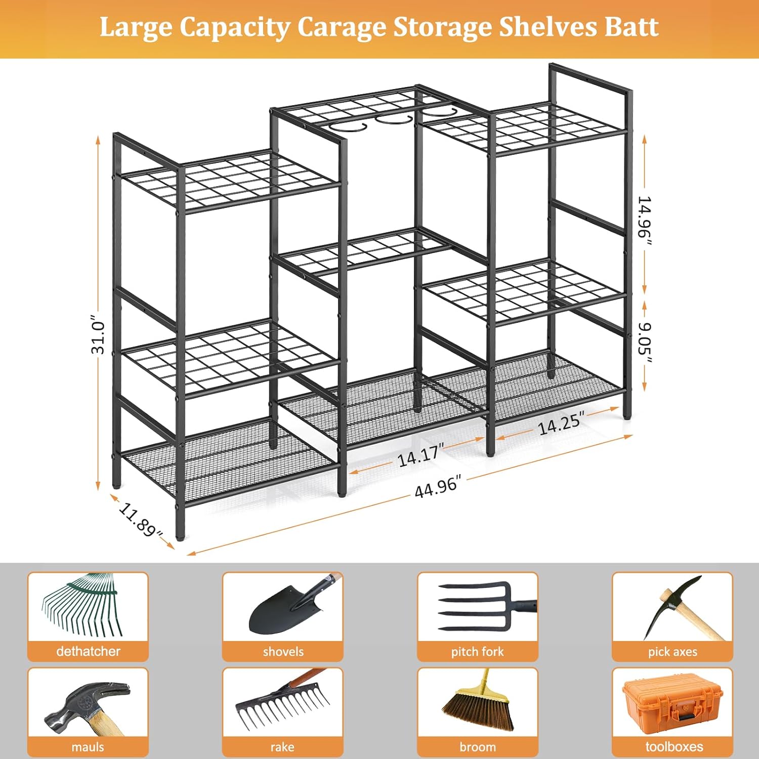 6-Tier Garden Tool Organizer for Outdoor Storage, Yard Tool Rack for Garage Organization and Storage, Holds 90 Long-Handled Tools, Sturdy Steel Tool Holder with 3 Hooks, 44.96"W x 11.89"D x 31"H" - Image 6