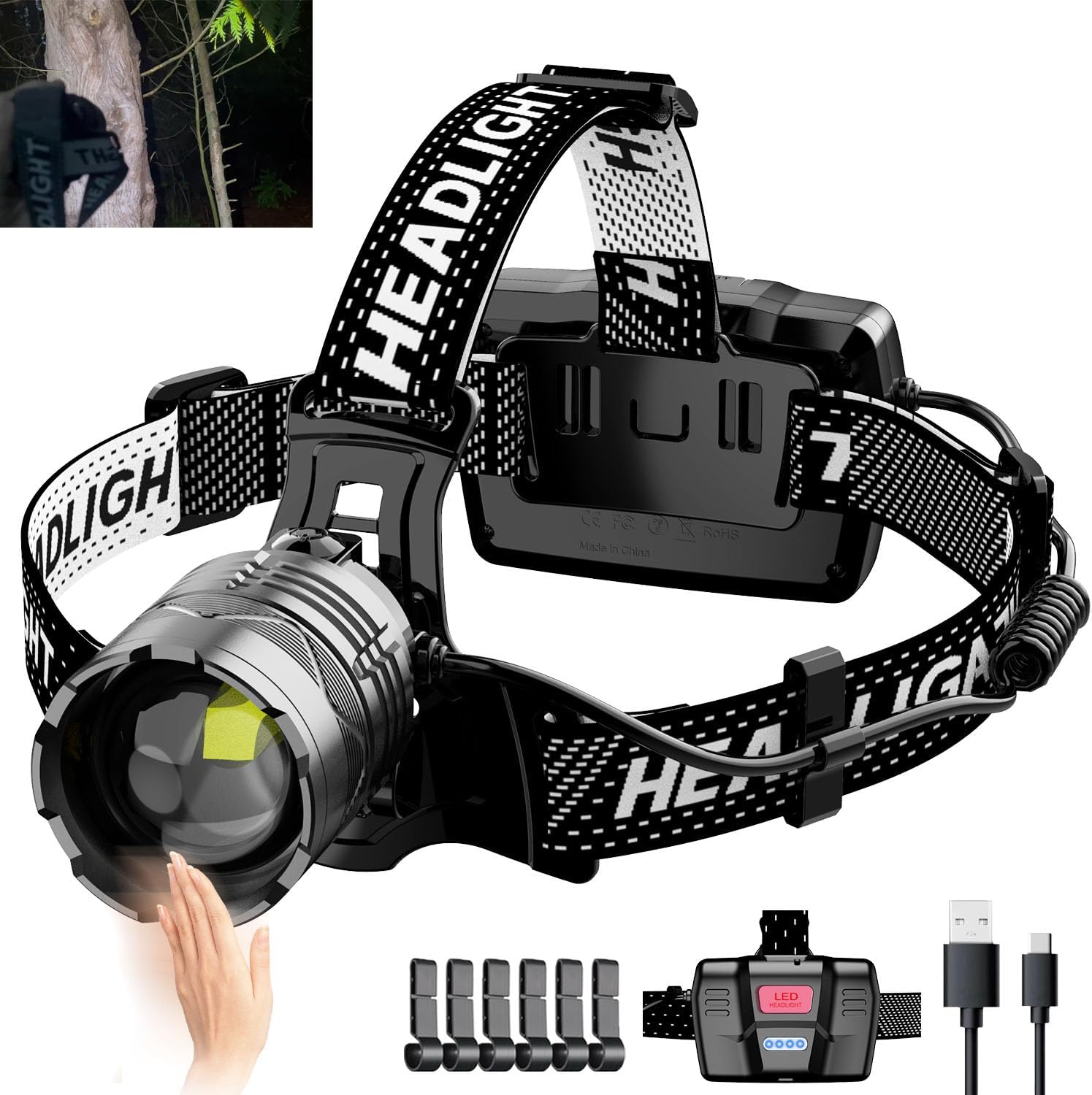 100000 Lumen LED Headlamp, Rechargeable Head Lamp LED, 7 Modes Super Bright Waterproof Head Lights, 90° Adjustable Head Lamps for Running, Camping, Outdoors, 50 Hours Battery Life Hard Hat Headlamps - Image 2