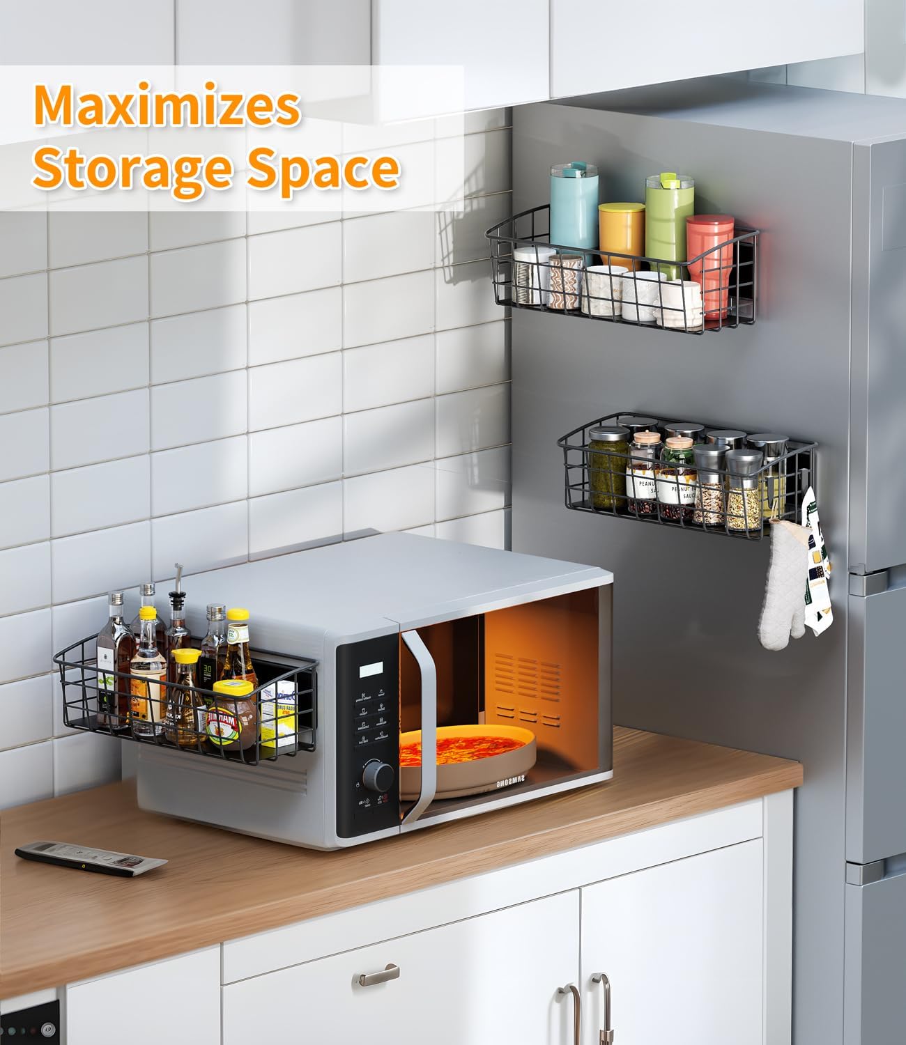 2-Pack Magnetic Spice Rack for Refrigerator, Versatile Magnetic Shelf Organizer with 2 Hooks for Kitchen Storage, Large Capacity Spice Rack for Fridge, Oven, or Cabinet - Black - Image 4