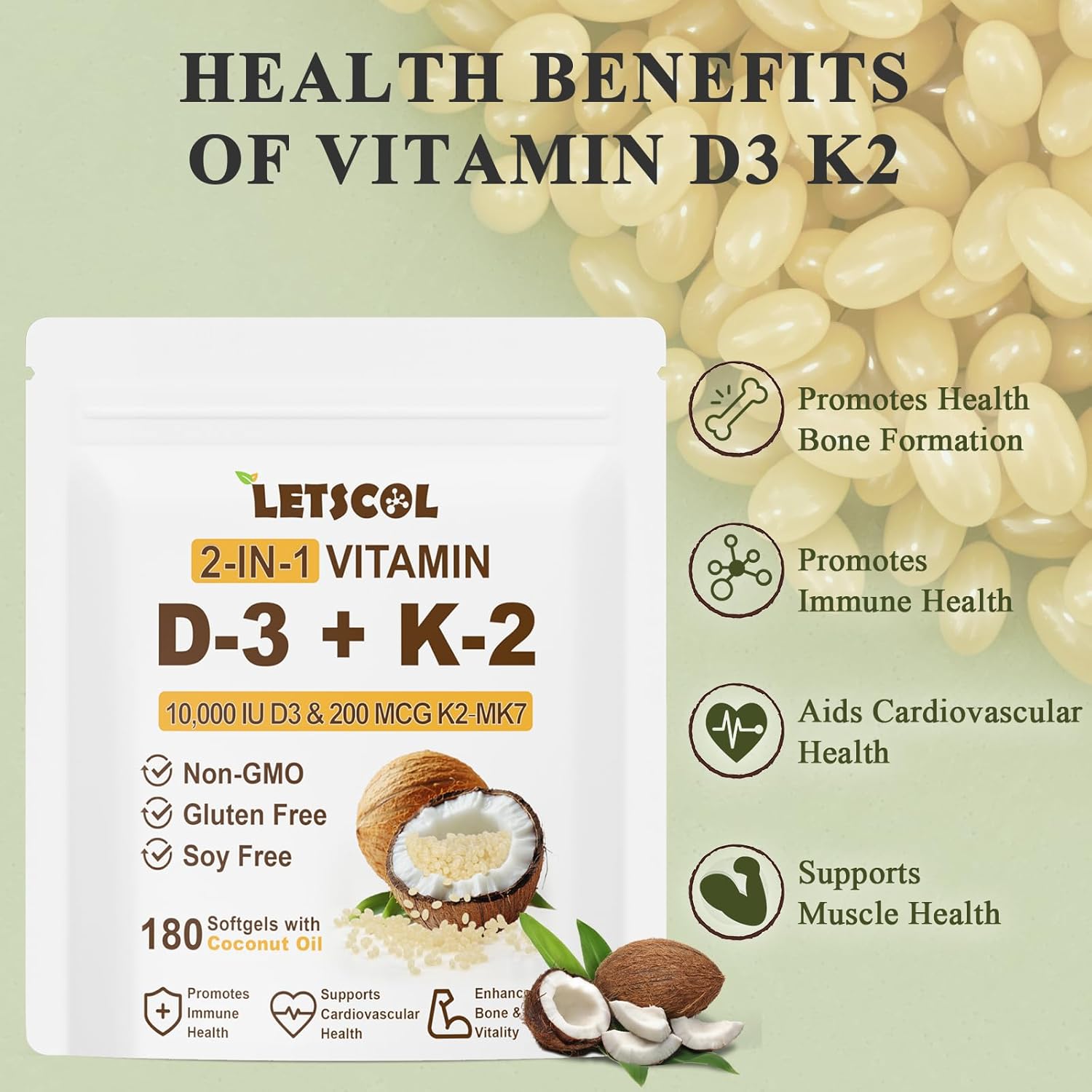 2-in-1 Vitamin D3 K2 Supplement Softgel, Vitamin D3 10000 IU and Vitamin K2 200 mcg, K2 MK7 with D3 Vitamin Supplement Support Immune, Heart, Joint, Teeth & Bone Health - Image 5
