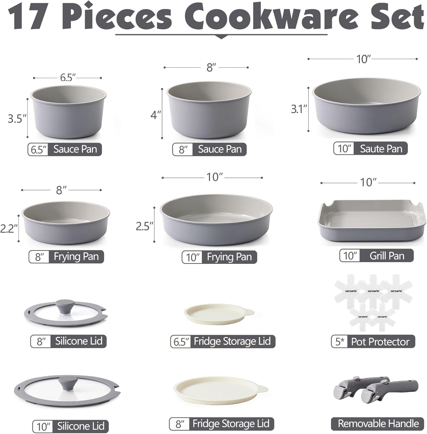 SENSARTE 17 Piece Ceramic Pots and Pans Set, Nonstick Detachable Handle Cookware, Induction Kitchen Cookware Set with Removable Handle, Dishwasher & Oven Safe, PFAS/PTFE/PFOA Free (Gray) - Image 3
