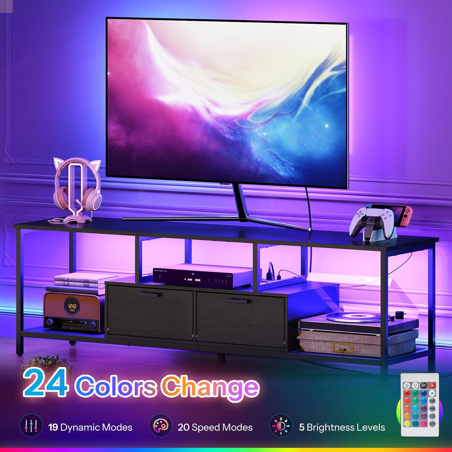 HOOBRO TV Stand with LED Light and Power Outlets for TVs up to 65 Inch, TV Media Console with Double-Door Cabinet, Gaming Entertainment Center for Living Room Bedroom, Black BB48UDDS01 - Image 4