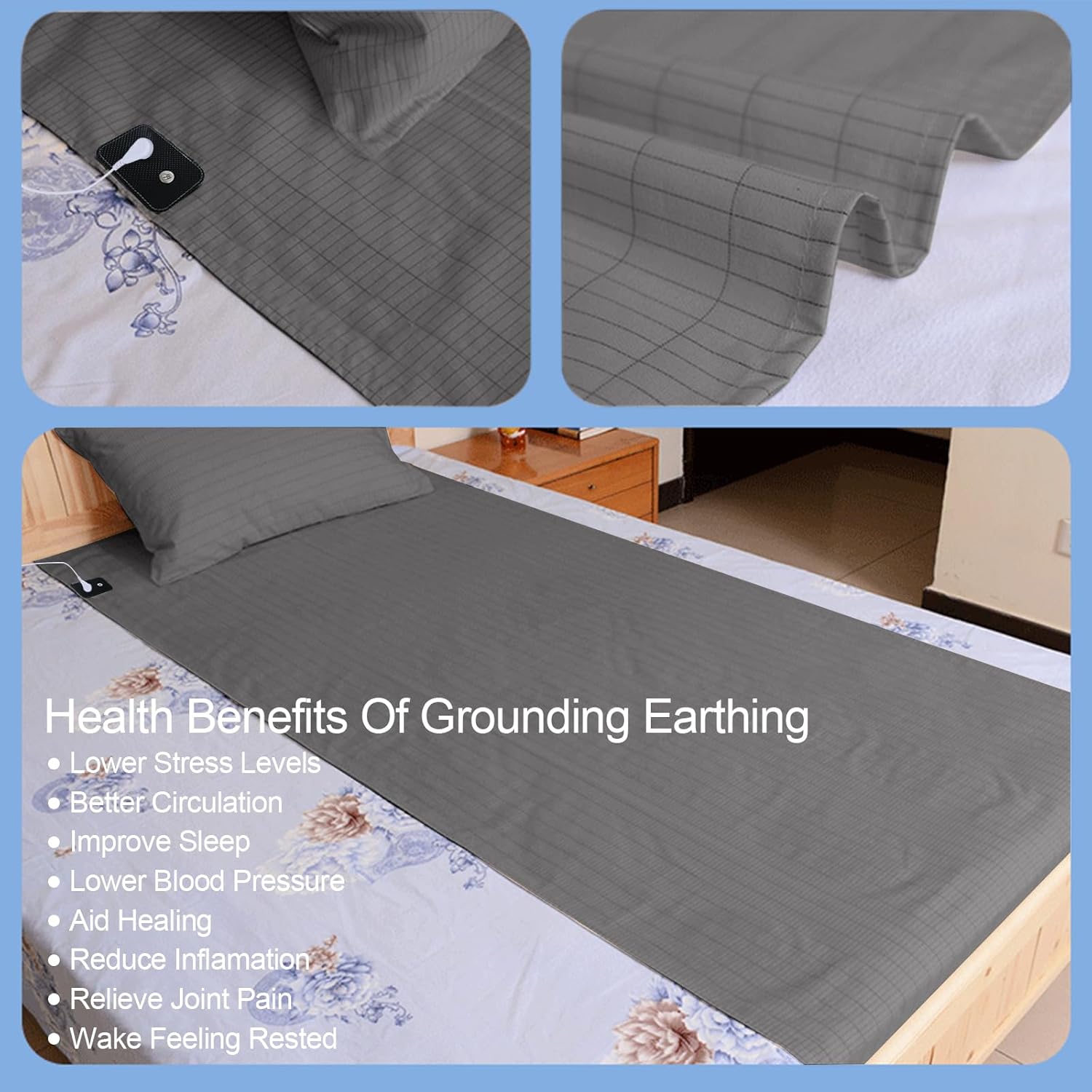 Grounding Mat for Bed, Grounding Sheets Blanket with Grounding Cord, Earthing Mat Grounding Pad, 95% Cotton+ 5% Silver(Grey, 27 * 52inch) - Image 4