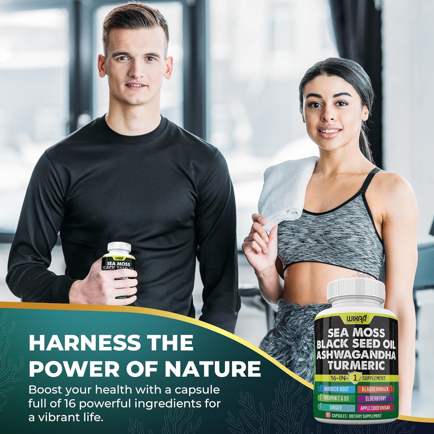 Wixar Sea Moss 3000mg Black Seed Oil 2000mg Ashwagandha 1000mg Turmeric 1000mg Bladderwrack 1000mg Burdock 1000mg & Vitamin C & D3 with Elderberry Dandelion Yellow Dock Chlorophyll ACV - 90 Capsules - Image 8