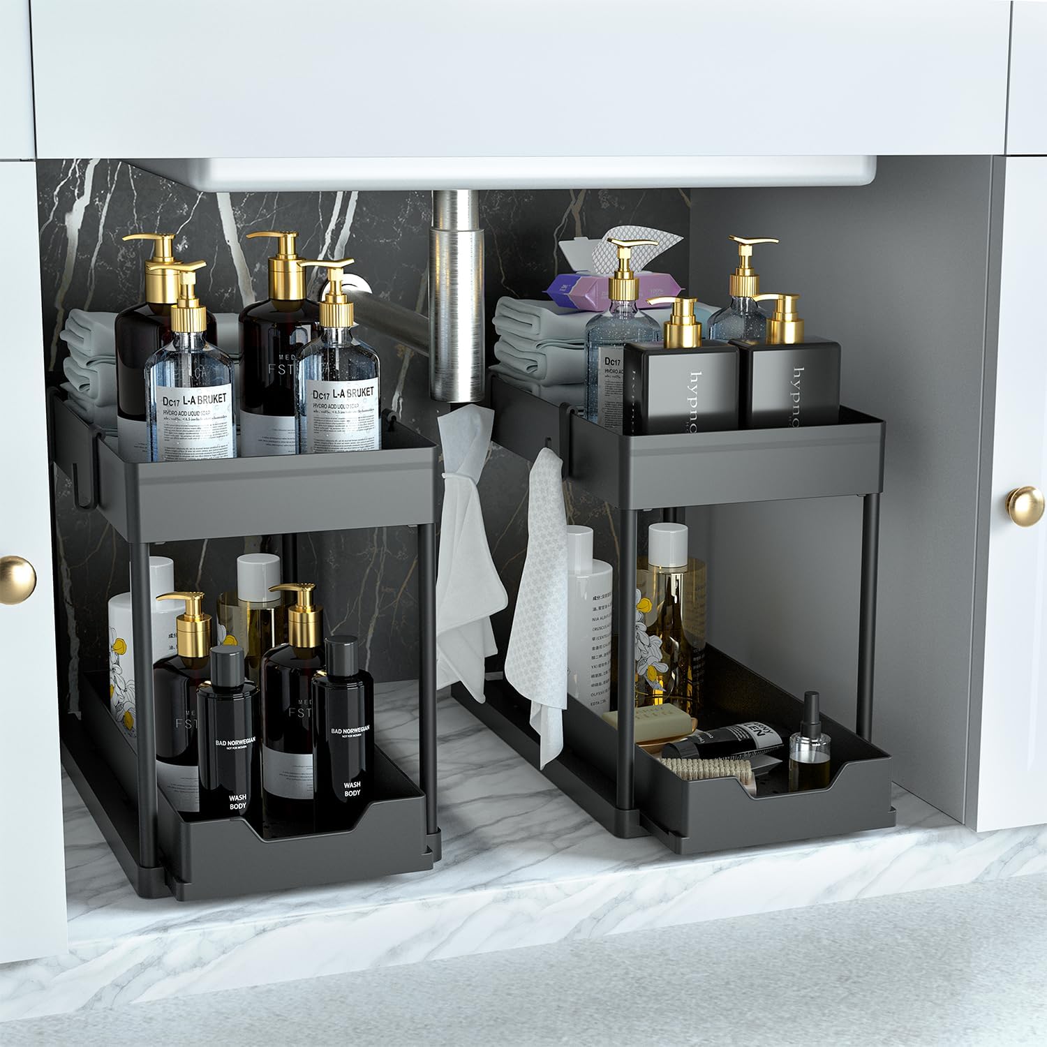 Under Sink Organizer 2 Pack, Bathroom Cabinet Organizer, 2 Tier Sliding Cabinet Basket Organizer Drawer, Multi-Purpose Bath Collection Baskets for Bathroom (Black) - Image 2
