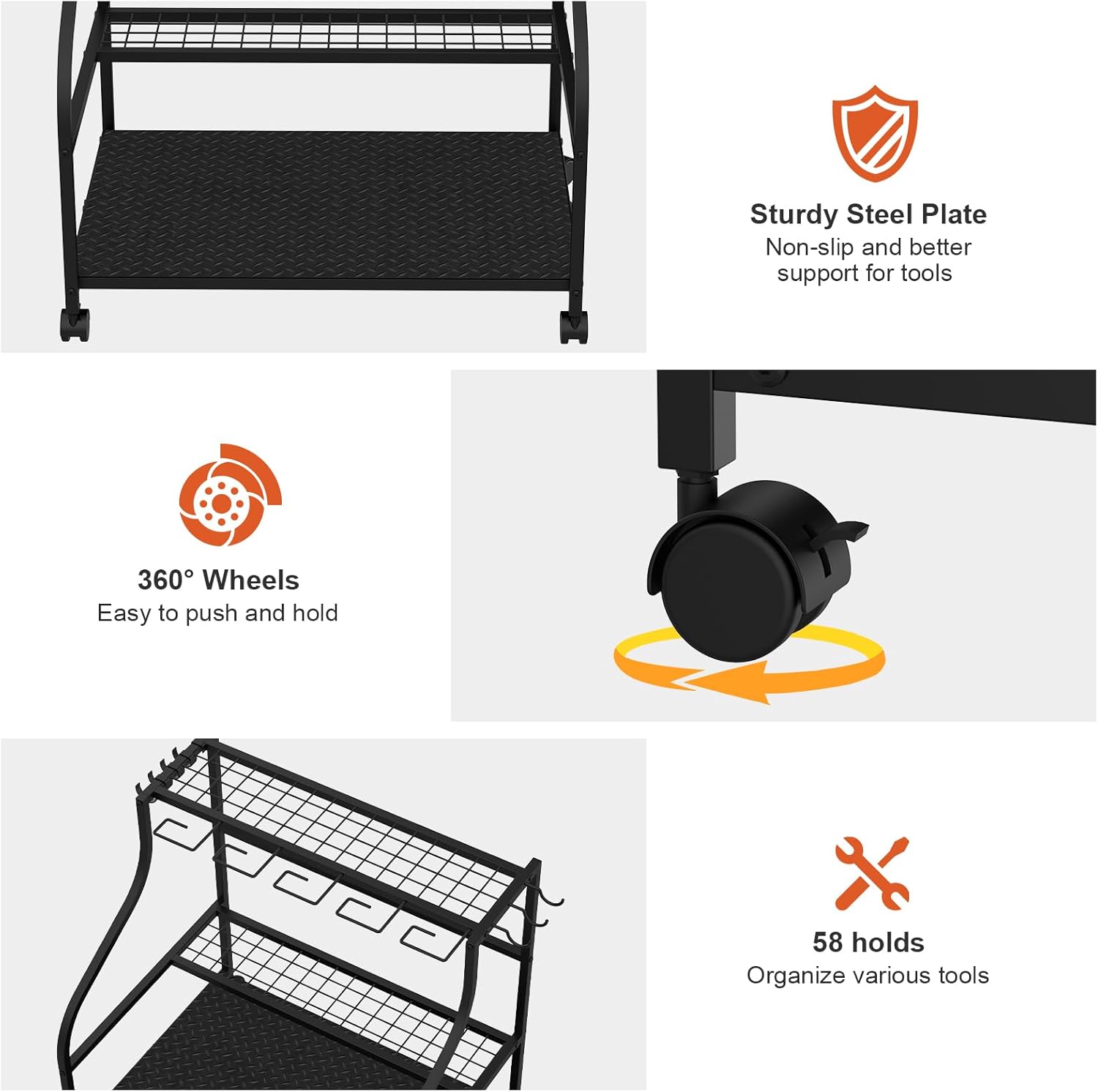 Garden Tool Organizer with Wheels, 3-Tier Yard Tool Storage with Hooks, Heavy Duty Steel Tool Rack Stand for Broom Shovel Long Handled Tools, Garden Tool Holder for Garage Shed Outdoor, Black - Image 5