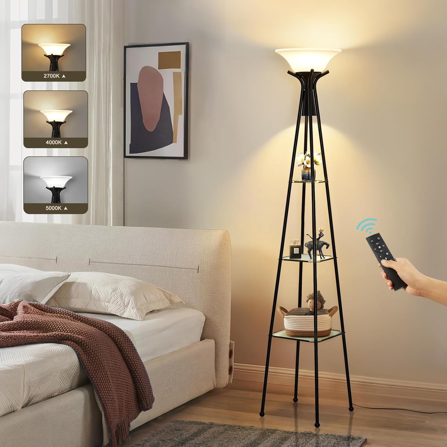 Floor Lamp with Shelves, 69” Tall Shelf Lamp with Remote Control, 3-Tier Glass Shelf Lamp, Dimmable Industrial Floor Lamps for Living Room, Bedroom, Home Office, 3 Color Temperatures Bulbs Included - Image 2