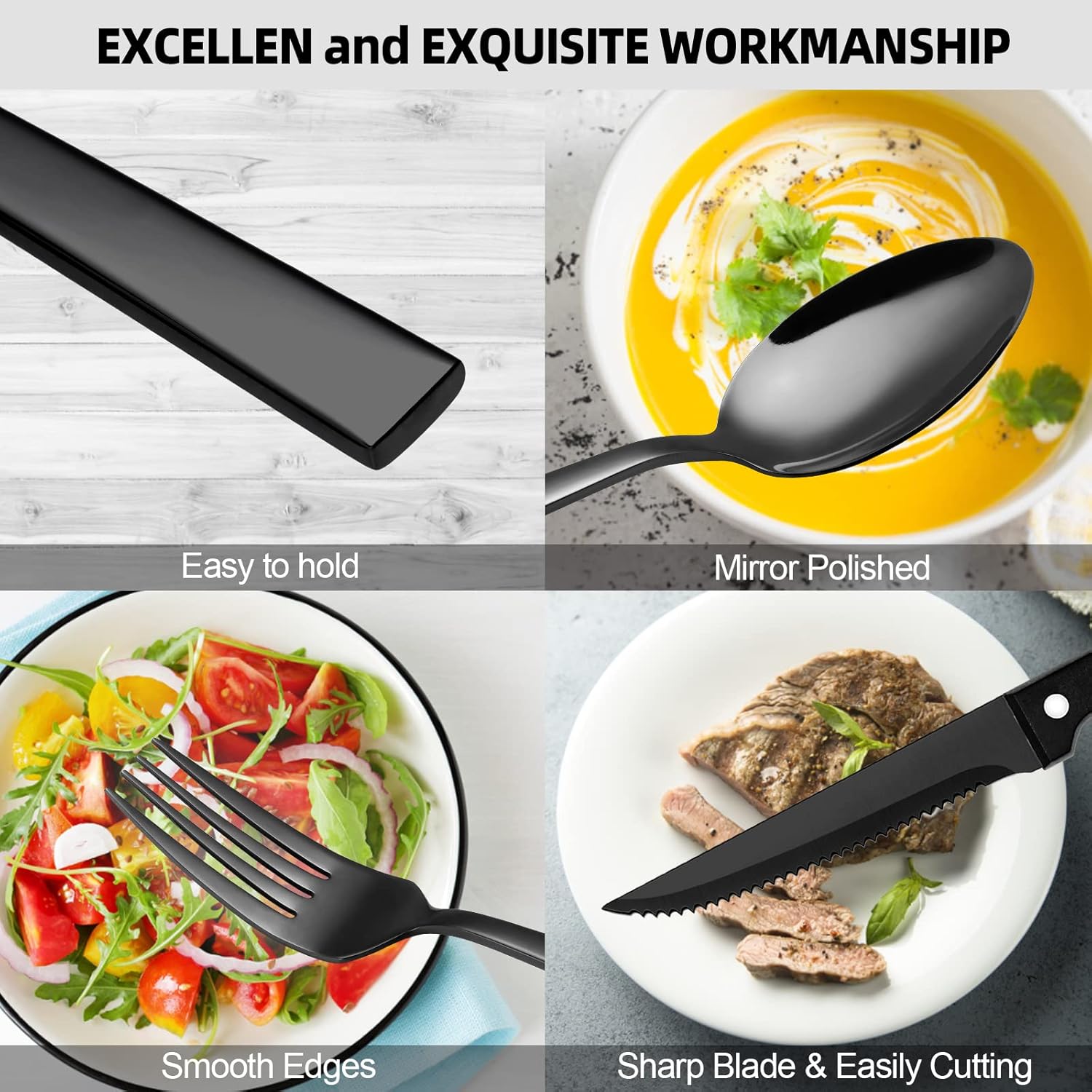 CEKEE 24 Piece Black Silverware Set for 4 with Steak Knives, Stainless Steel Black Flatware Set for 4, Black Utensils Set for 4, Black Tableware Cutlery Set for Home & Kitchen, Hand Wash Recommended - Image 6