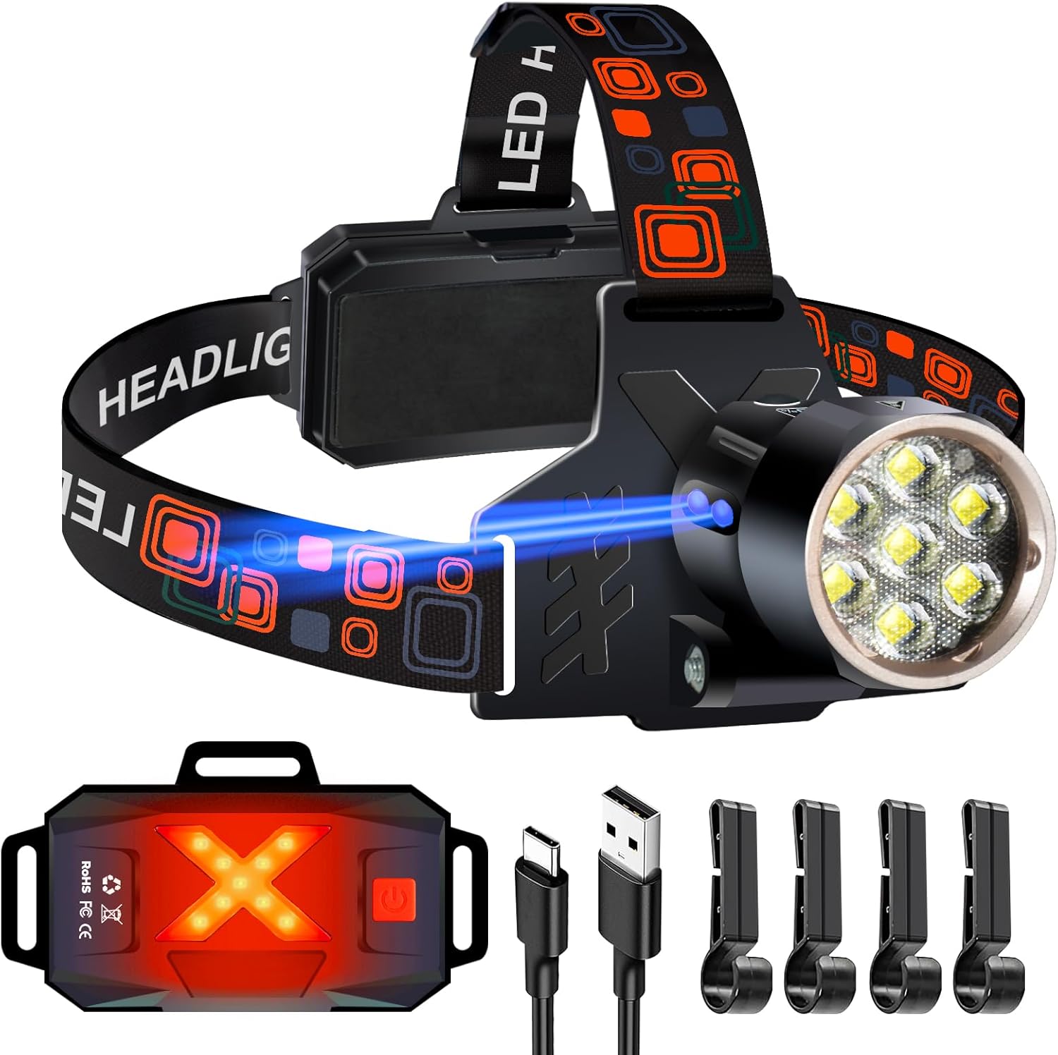 Led Headlamp Rechargeable, Super Bright Headlights for Head, Motion Sensor Head lamp, 3 Modes USB-C IPX7 Waterproof Head Flashlight for Adults, Rechargeable Headlamps for Camping Hiking Hard Hat - Image 2