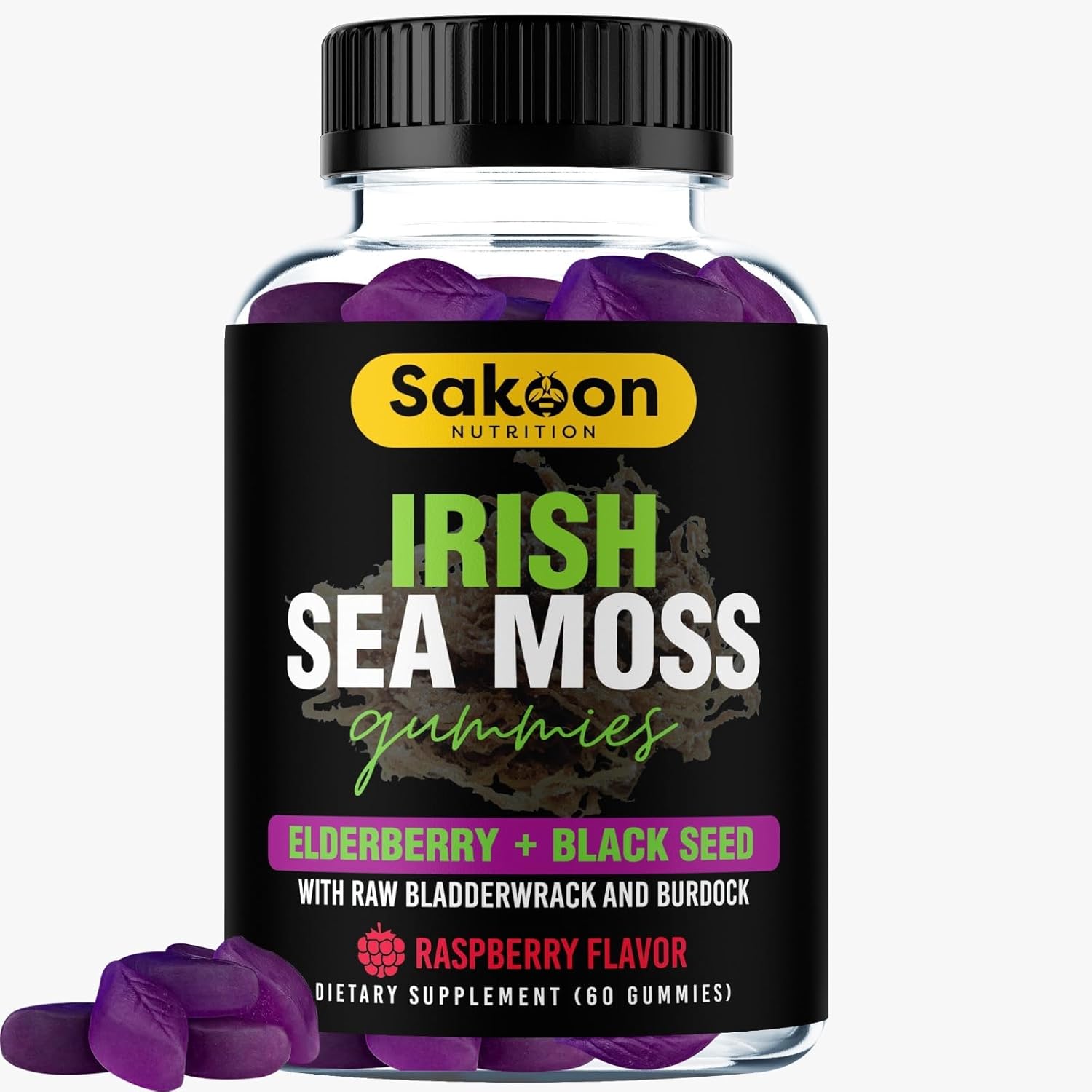 Irish Sea Moss Gummies with Elderberry & Black Seed Oil - Overall Wellness Support | Rich in Vitamins, Raspberry Flavor | 60 Gummies - Image 2